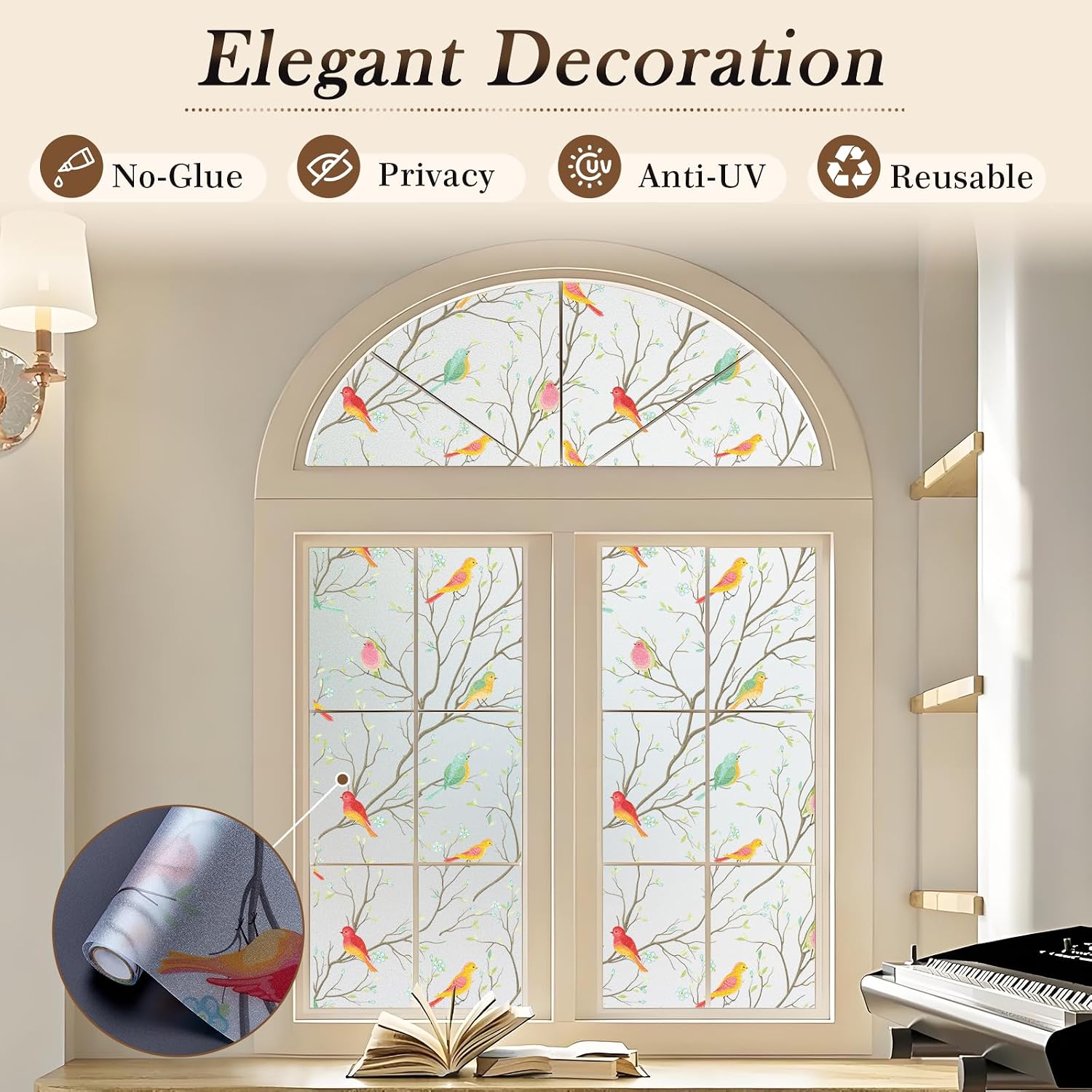 Coavas Stained Glass Window Film, Decorative Frosted Glass Window Privacy Film, Static Cling Non-Adhesive Windows Sticker for Front Door Bathroom Heat Control Anti UV, 45.2 x 157 Inches
