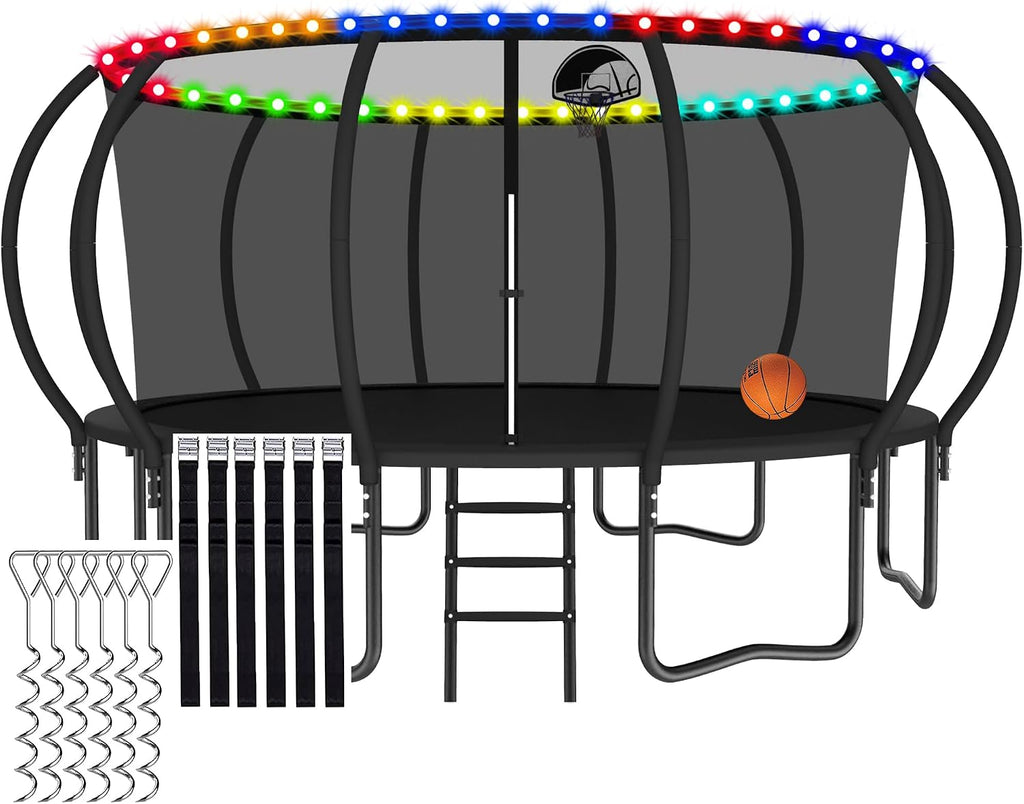 Tranpoline Outdoor with Light, 1500LBS 8/10/12/14/15/16 FT Tranpoline for Kids and Adults Tranpoline with Enclosure Net, Basketball Hoop, Heavy Duty Recreational Yard Tranpolines