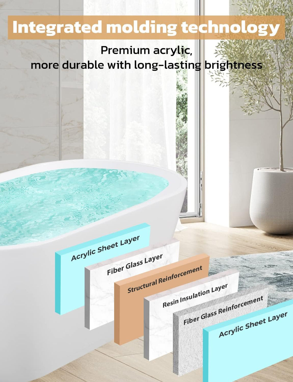 Zevemomo 63 inch Freestanding Bathtub, Acrylic Free Standing Soaking Bathroom Tub with Brushed Nickel-Finished Overflow and Anti-Clogging Drain, Easy Installation, White