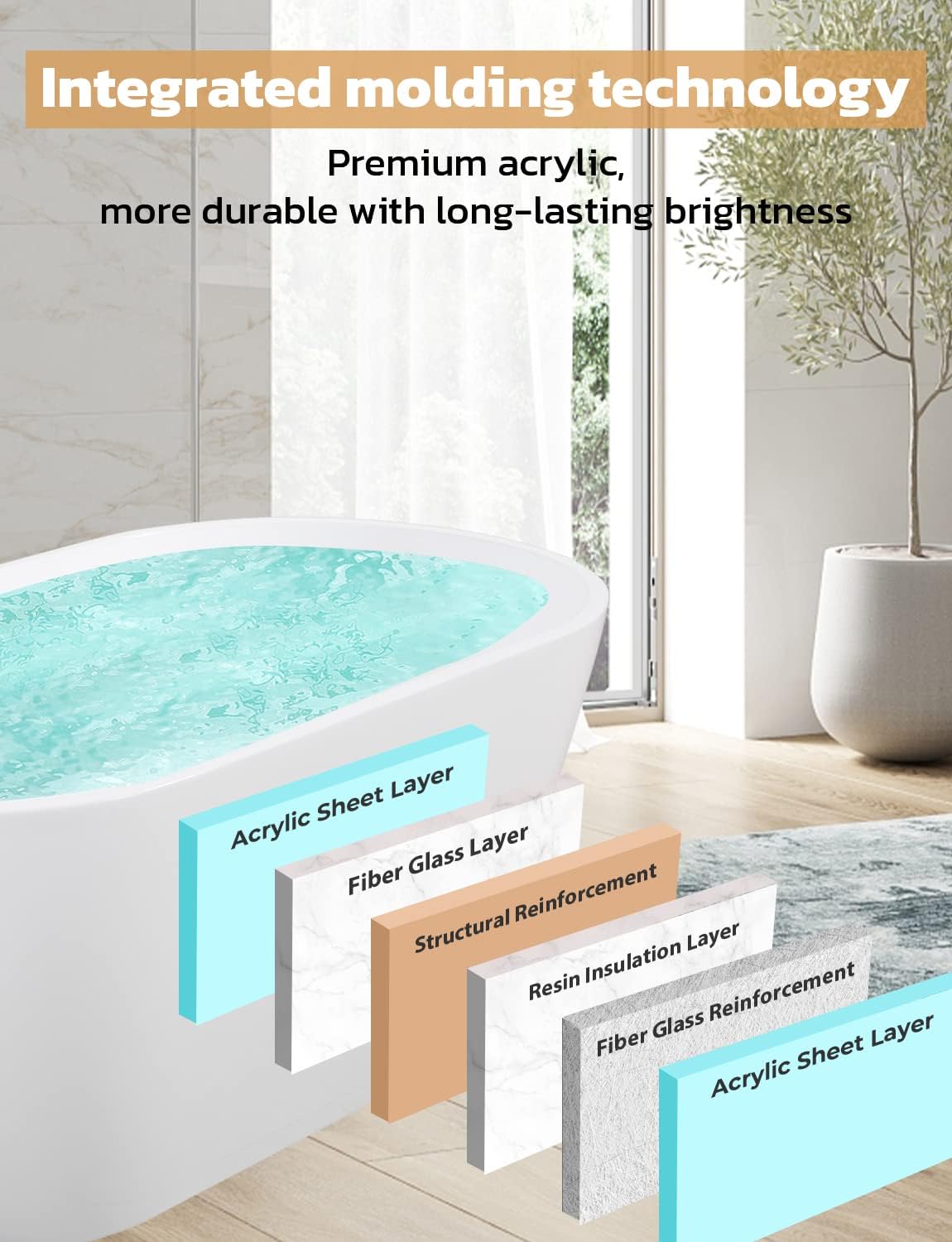 Zevemomo 63 inch Freestanding Bathtub, Acrylic Free Standing Soaking Bathroom Tub with Brushed Nickel-Finished Overflow and Anti-Clogging Drain, Easy Installation, White