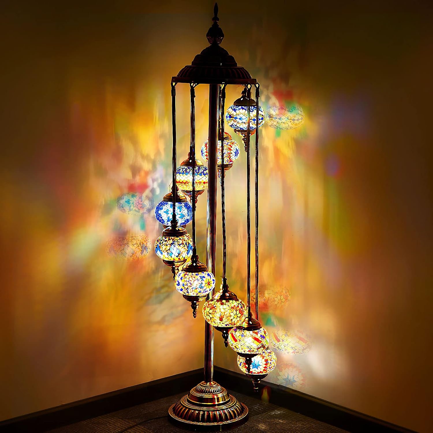 Hortsun Turkish Lamp Moroccan Floor Lamp Handmade Globe Living Floor Lighting Bohemia Standing Lighting for Decorative Home Designs(Floor,9 Globes Style)