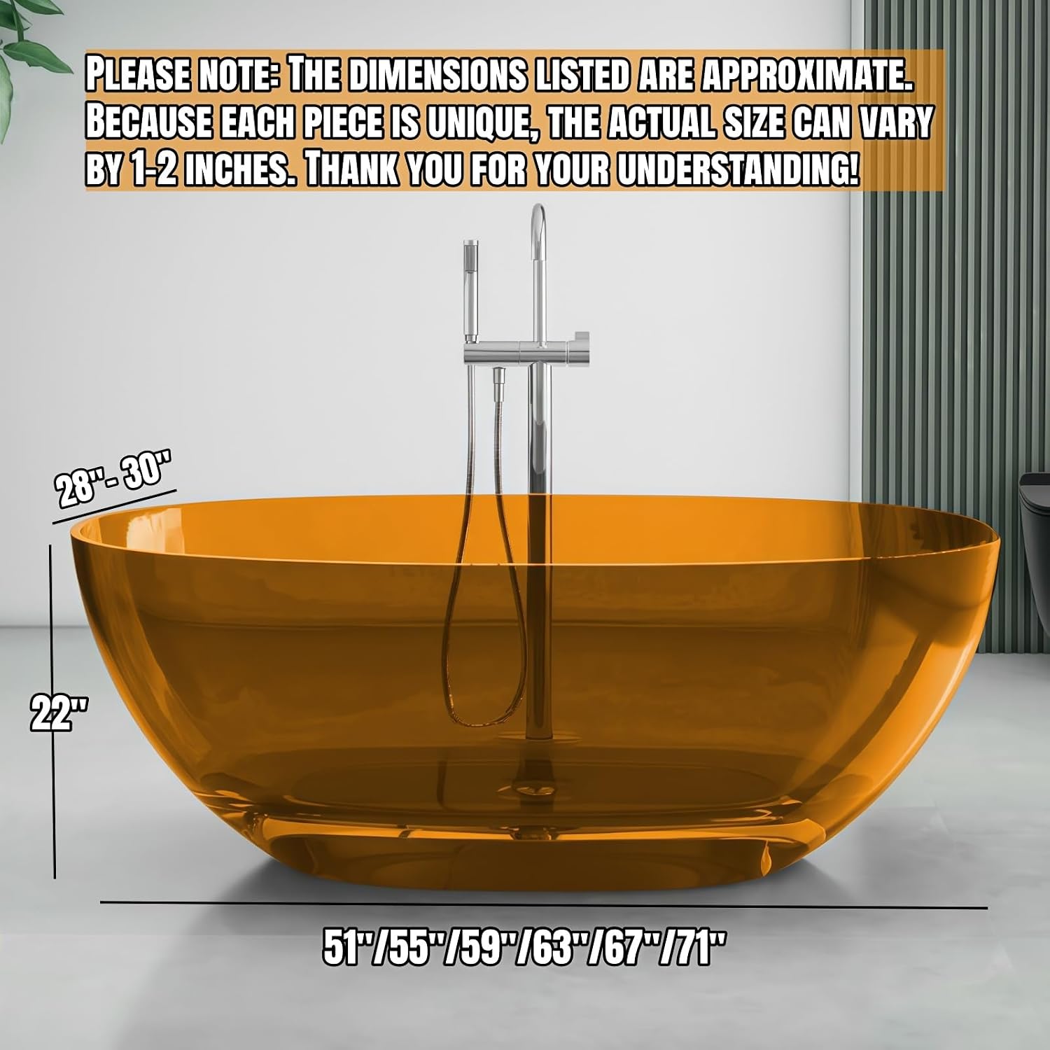 71' Edeyeu Freestanding Bathtub - Luxury Natural Resin Solid Surface Bathtub, Crystal Translucent Extra Deep Soaking Tub, High-End Stand Alone Free Standing Tub For Modern Bathroom Design Orange A