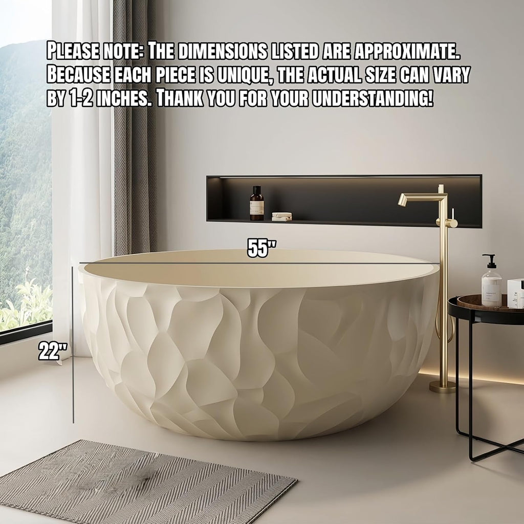 63' Edeyeu Freestanding Bathtub – Modern Solid Surface Bathtub With Ripple Design, Extra Deep Soaking Tub, Ergonomic Stand Alone Tub For Luxury Bathroom Spaces I