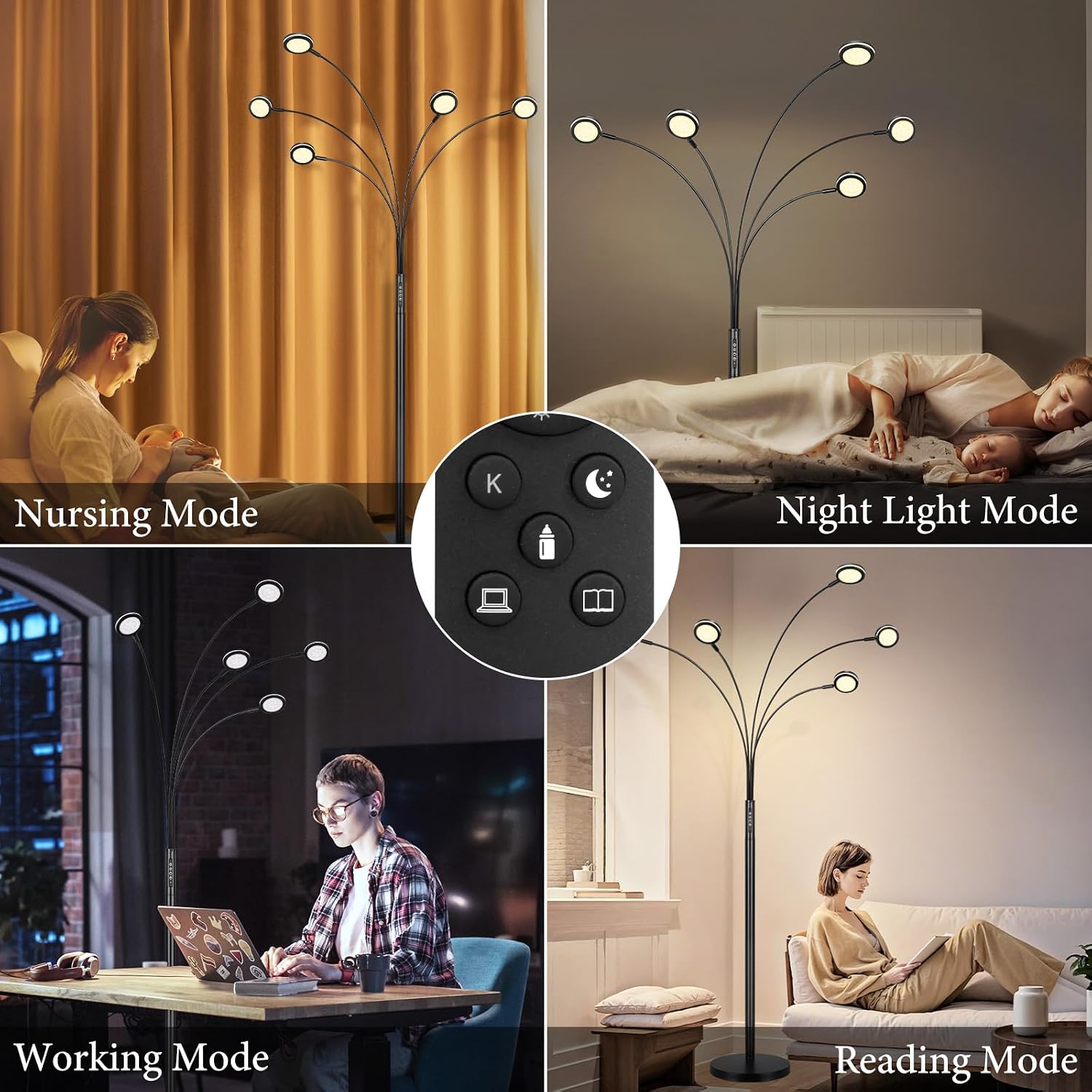 LED Arc Floor Lamp with Remote, 2250LM Dimmable Floor Lamp with Timer, Adjustable Colors, Brightness & 5 Adjustable Arms,Multi-Head Tall Tree Standing Lamp for Living Room Bedroom Corner Office, Black