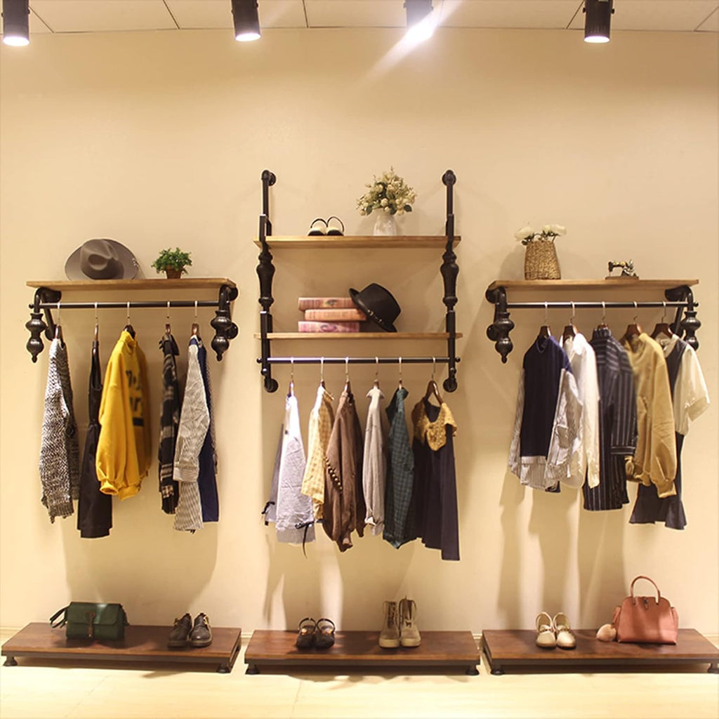 Clothing Garment Rack Wall Mounted with Wood Shelf,Industrial Pipe Floating Shelf,Retail Display Clothes Racks Heavy Duty Organizer Hanger(1-tier-80CM