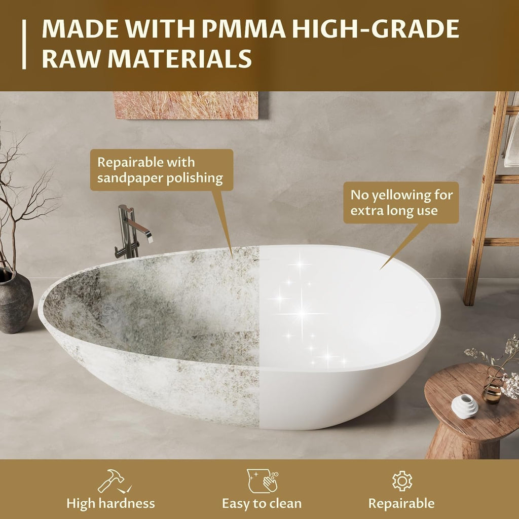 GarveeLife Freestanding Solid Surface Bathtub 67 Inch – Matte White Deep Soaking Tub, Contemporary Stone Stand Alone Bathtub with Smooth Ergonomic Design for Luxury Bathroom