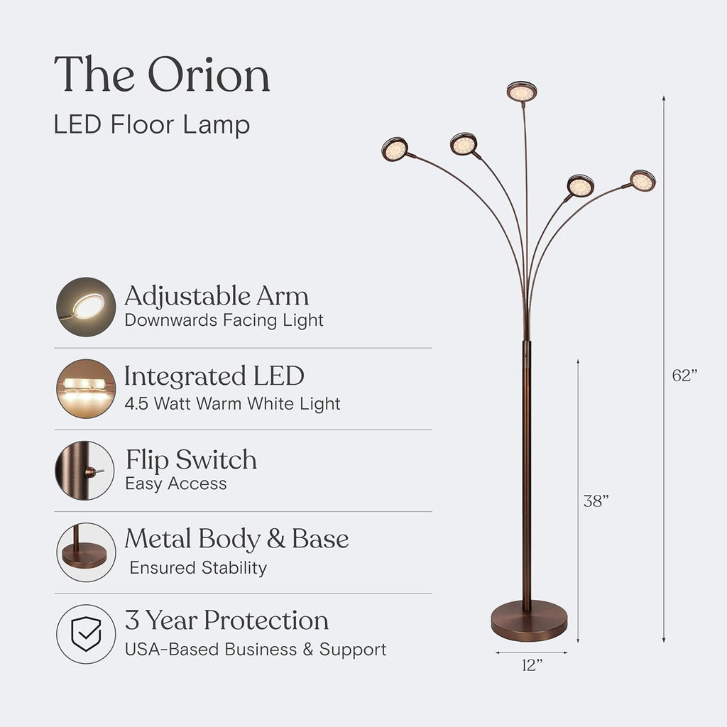 Brightech Orion Arc Floor Lamp for Living Room, Tree Floor Lamp with 5 Adjustable Arms, Multi-Head Standing Lamp with Flexible Rotating LED Lights for Bedroom, Dorm - Bright Hanging Lighting - Bronze