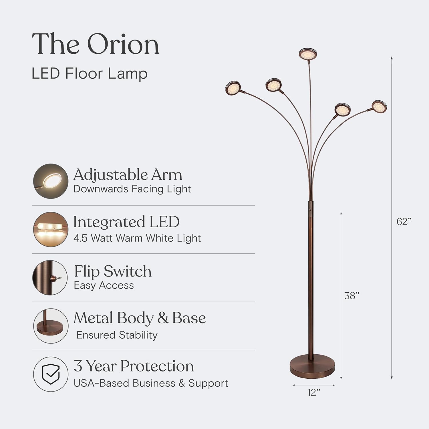 Brightech Orion Arc Floor Lamp for Living Room, Tree Floor Lamp with 5 Adjustable Arms, Multi-Head Standing Lamp with Flexible Rotating LED Lights for Bedroom, Dorm - Bright Hanging Lighting - Bronze