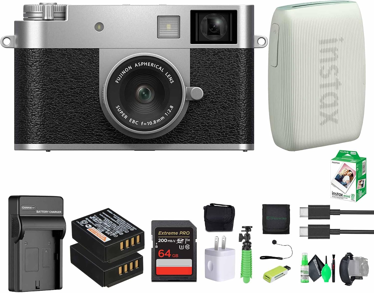 FUJIFILM X Half Premium Compact Digital Camera (Silver) Bundle with Fuji INSTAX MINI Link 3 Smartphone Printer (Sage Green) + Instax Mini Film + Extra Battery + Charger + 64GB Memory Card + More