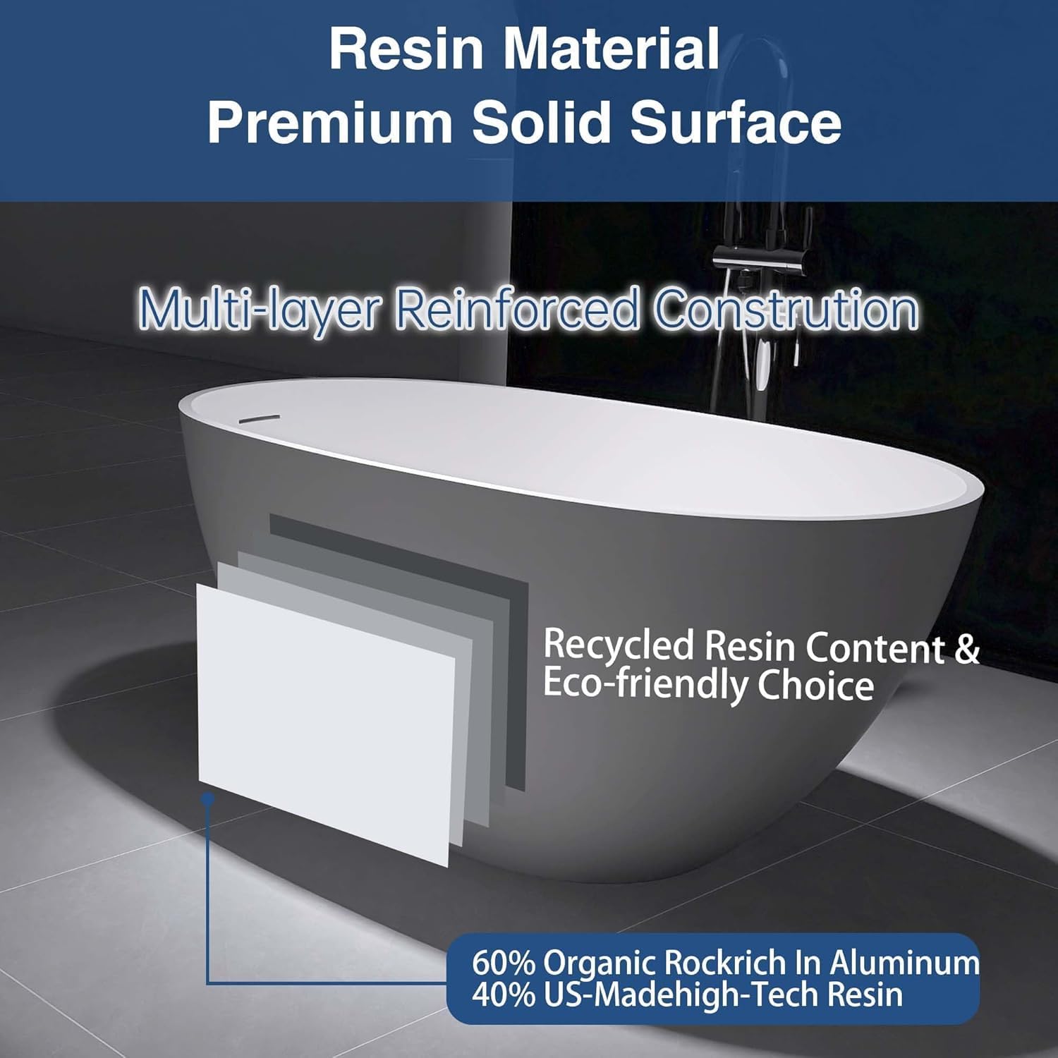 51' Freestanding Solid Surface Bathtub,Elegant Oval Design with Chrome Drain Luxurious Soaking Tub for Bathrooms, Stone Resin Freestanding Bathtub for Comfort,Matt White