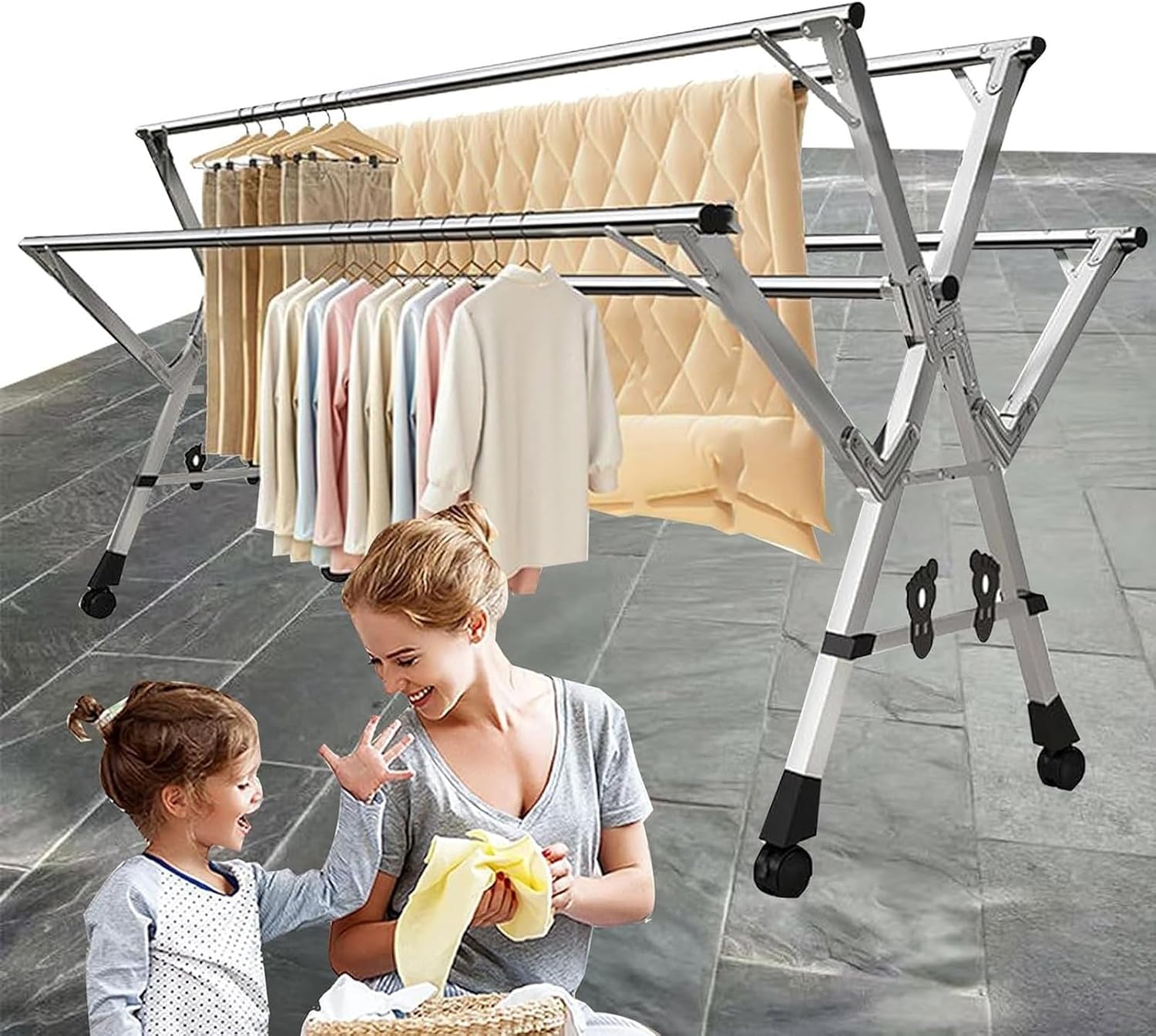 Collapsible Clothes Drying Racks Foldable, Garment Rack Heavy Duty with Wheels, Laundry Rack for Drying Clothes, 5 Rod Stainless Steel Laundry Stand, for Clothe,1.5-2.4m