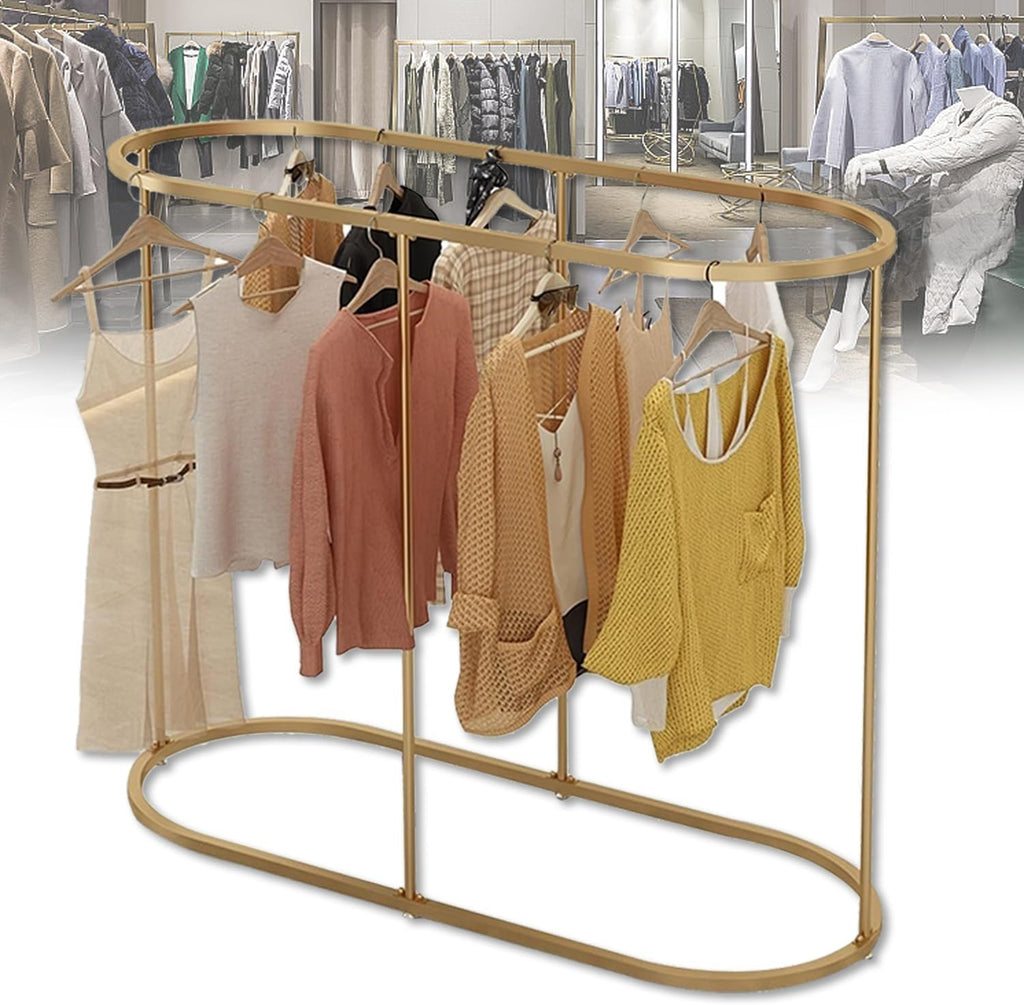 Heavy Duty Oval Garment Rack, Floor Commercial Retail Clothing Rack for Clothes Storage, Iron Multi-Functional Bedroom Clothing Rack, for Boutiques Display, Hallway Entryway,Gold