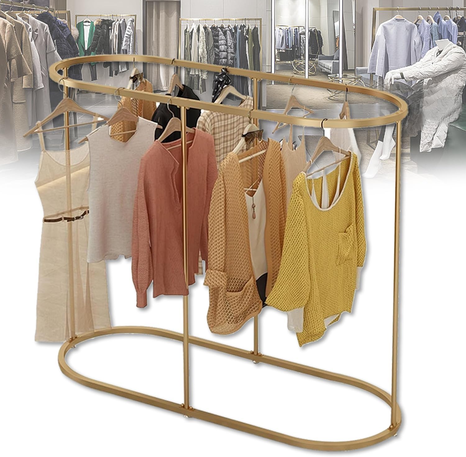 Heavy Duty Oval Garment Rack, Floor Commercial Retail Clothing Rack for Clothes Storage, Iron Multi-Functional Bedroom Clothing Rack, for Boutiques Display, Hallway Entryway,Gold