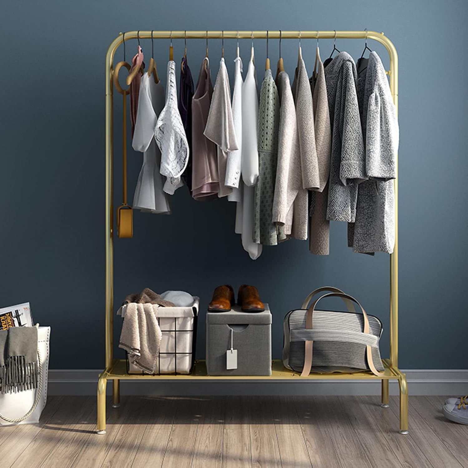 Garment Rack Nordic Modern Clothing Rack With Shelves, Heavy Duty Metal Garment Rack For Hanging Clothes, Retail Display Clothes Rail, Space Saving Coat Rack For Bedroo(Size:120x40x150CM ,Color:Gold)