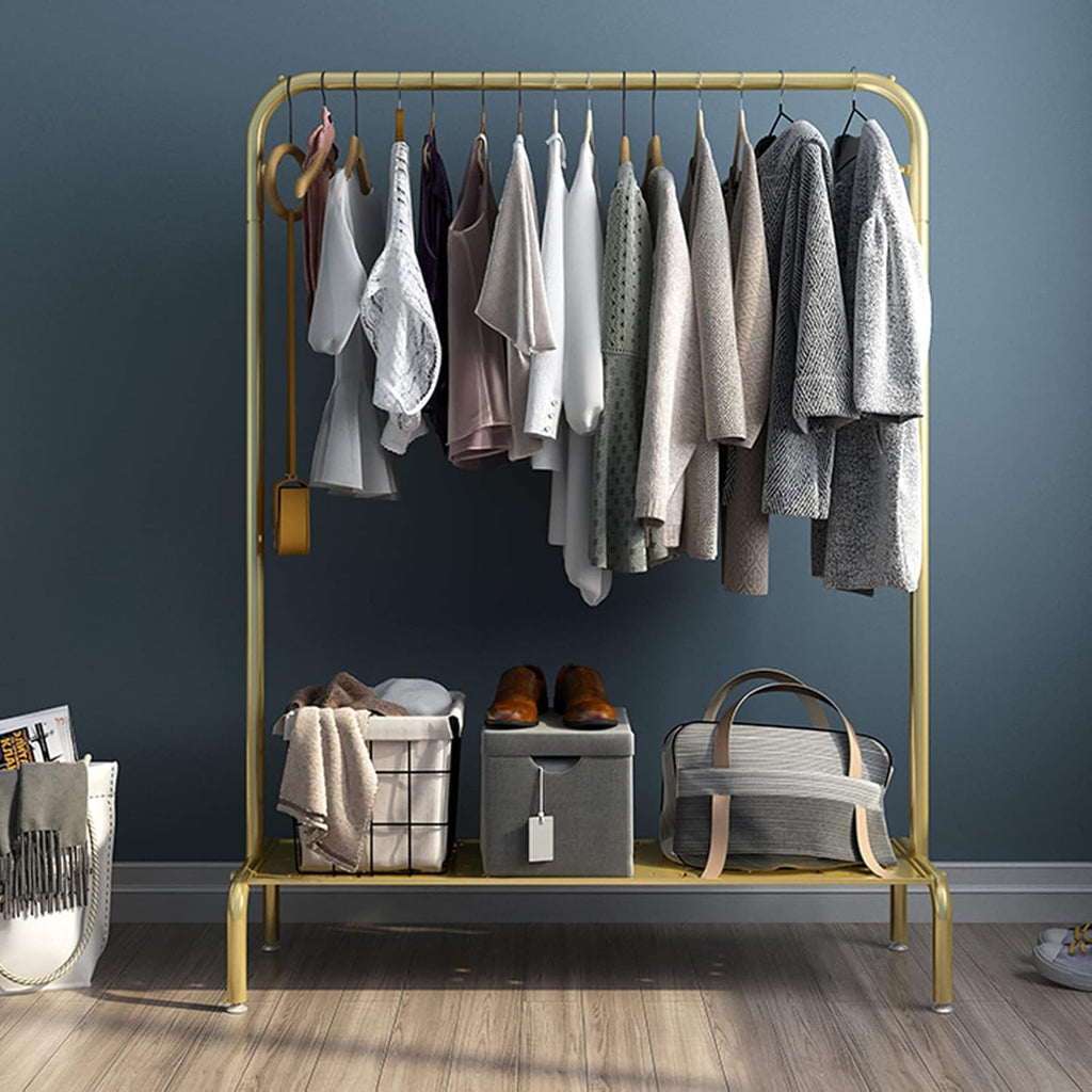 Garment Rack Nordic Modern Clothing Rack With Shelves, Heavy Duty Metal Garment Rack For Hanging Clothes, Retail Display Clothes Rail, Space Saving Coat Rack For Bedroo(Size:100x40x150CM ,Color:Gold)