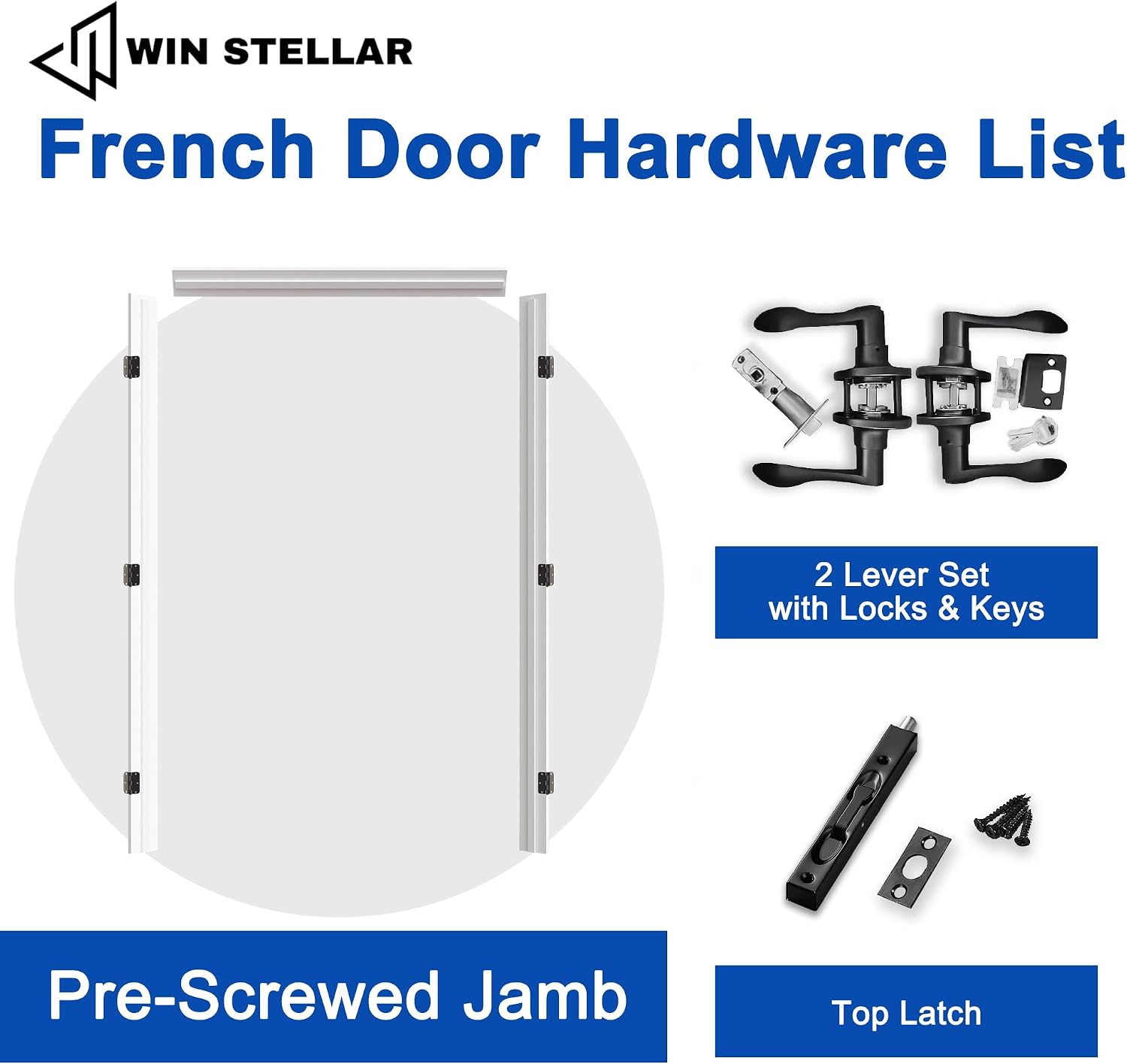 French Door 36' x 80' (Double 18' x 80') 3-Lite Frosted Glass Door Slabs with Pre-Hung Jamb, Black Hinges, Levers and Latch, White Primed, French Interior Doors with Frame, Swing Double Bedroom Doors