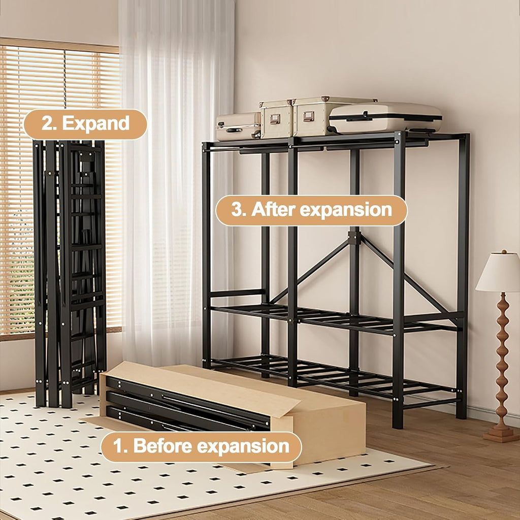 Foldable Clothe Rack With Cover, Garment Coat Storage Rack, Metal Clothing Organizer, Foldable Clothes Rack For Hanging Clothes, One-Piece Folding Base For Bedroom(White,190cm/74.8inch)