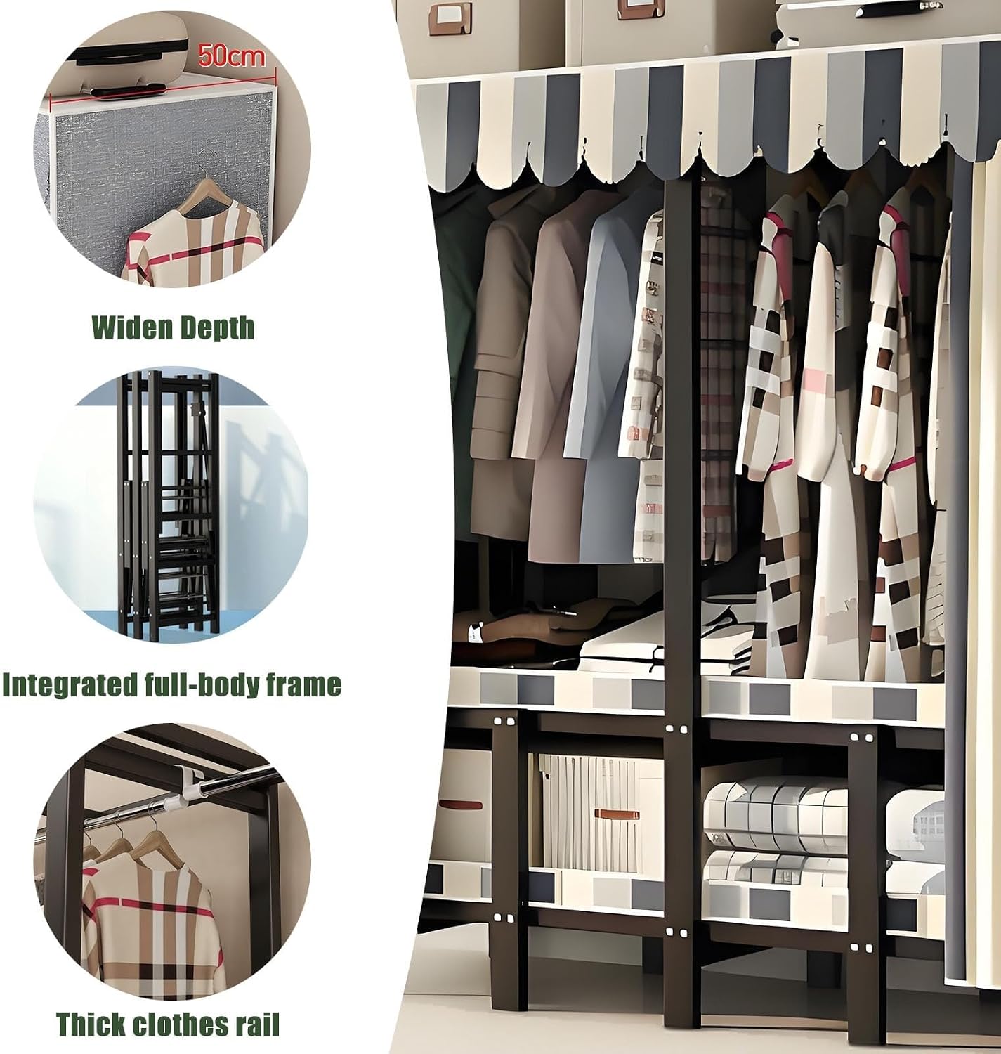 Foldable Drying Rack - Strong and Durable Portable Wardrobe Closet Rack with Cover, Large Metal Canvas Wardrobe Closet, Wardrobe Clothes Organizer, for Hanging Clothes(190 * 50 * 170cm)