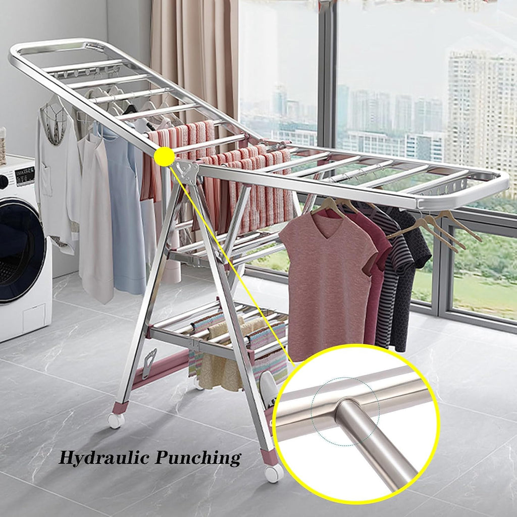 Clothes Drying Racks for Laundry Foldable,Rolling Garment Rack Heavy Duty with Wheels,Laundry Stand Organizer Stainless Steel,Clothes Dryer Racks for Laundry(150cm/59in)