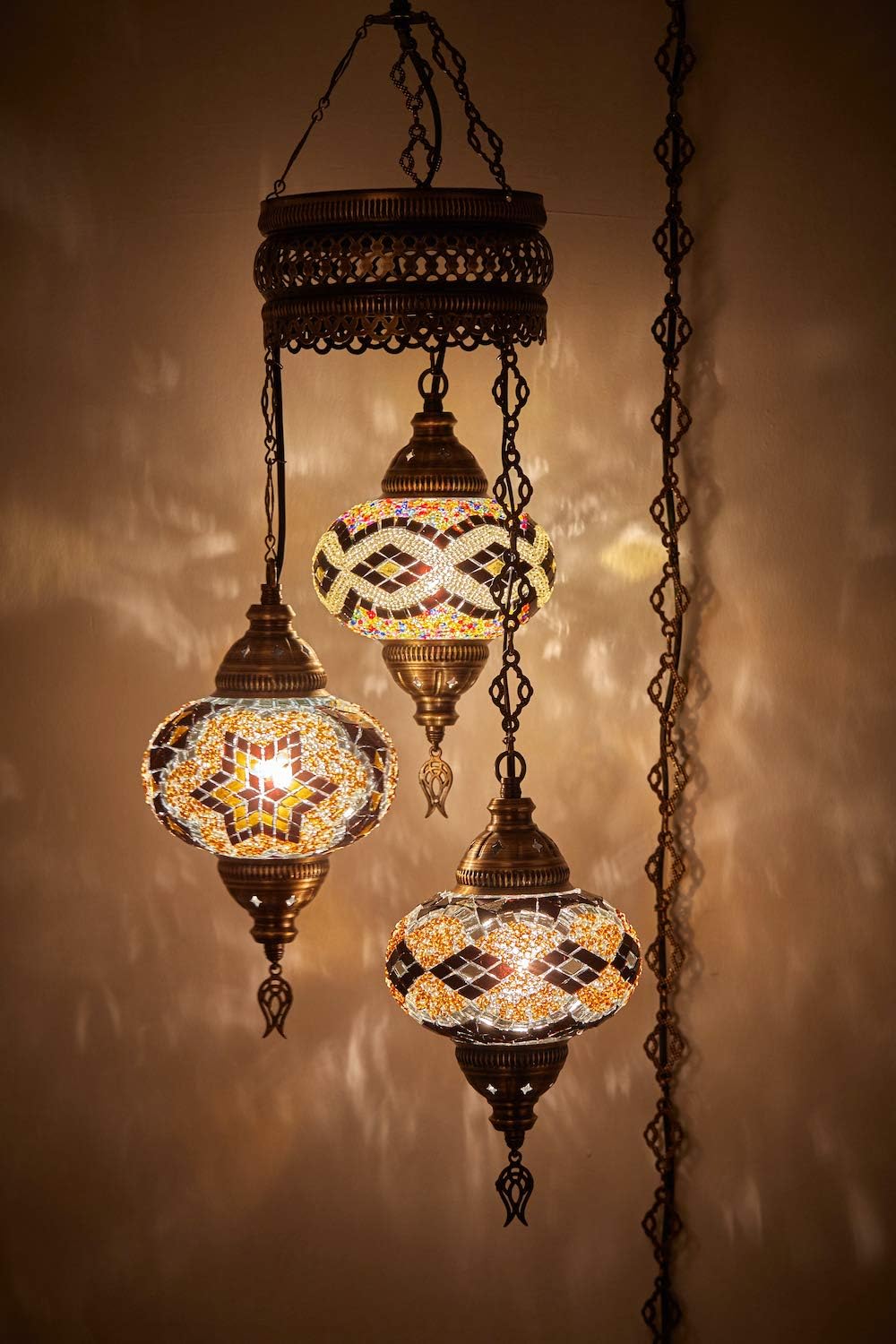 DEMMEX Plug-in Turkish Hanging Lamp, Handmade Moroccan Mosaic Chandelier Pendant Light Fixture with 15-ft Cord & Chain, Decorative Ceiling Lamp for Living Room, Bedroom, 3 Large 7'' Globes, 3.5 ft.