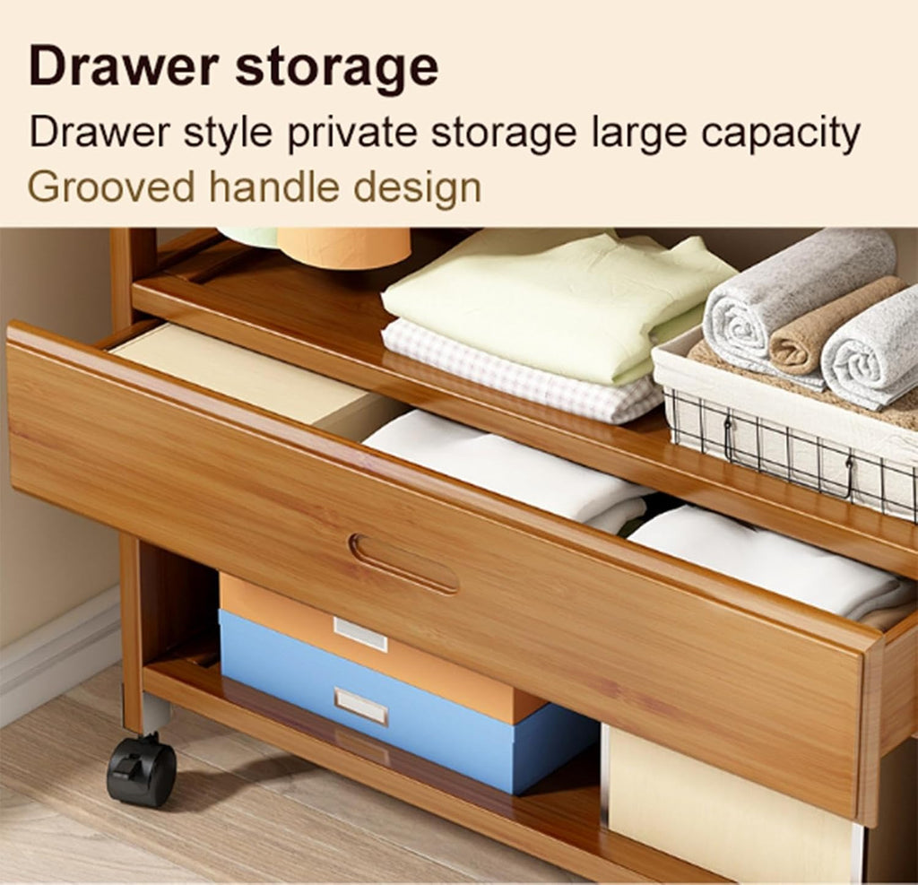 Rolling Clothes Rack with Drawer,Bamboo Garment Rack with Wheels,Freestanding Heavy Duty Clothing Hanging Rack for Entryway, Living Room, Bedroom,50cm