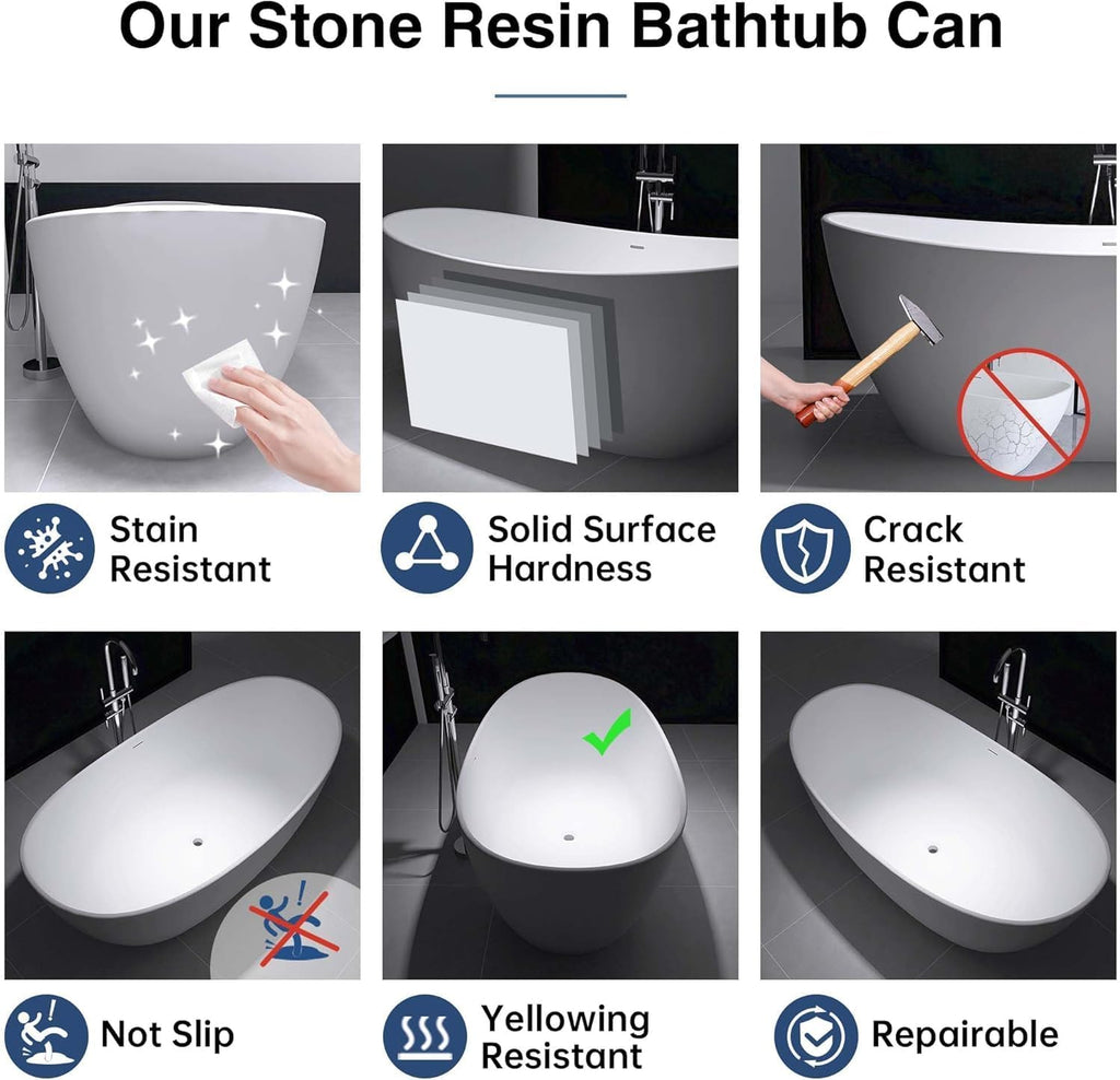 65' Stone Resin Freestanding Bathtub, Elegant Oval Design, Solid Surface Bathtub, Stand Alone Bathtub with Drain and Overflow,Matte White