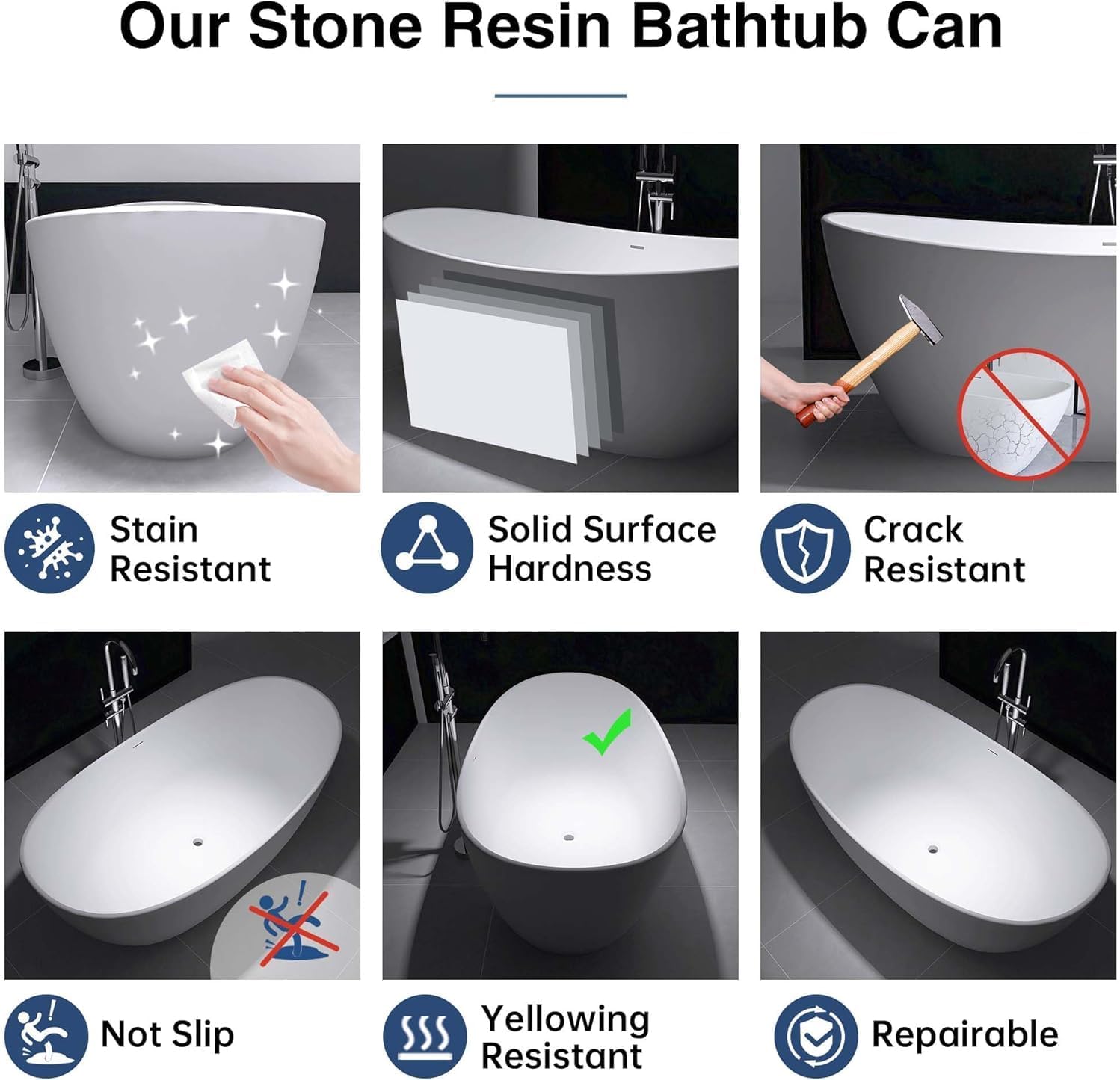 65' Stone Resin Freestanding Bathtub, Elegant Oval Design, Solid Surface Bathtub, Stand Alone Bathtub with Drain and Overflow,Matte White
