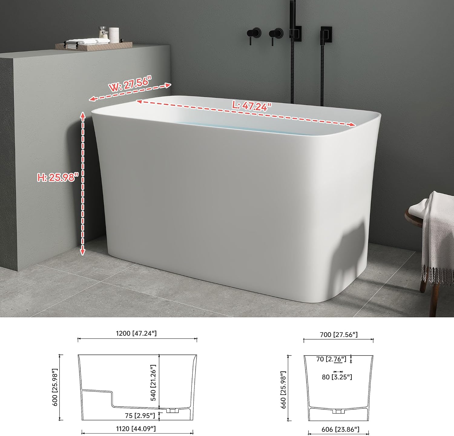 SJ Star&Jane 47' Solid Surface Freestanding Bathtub Japanese Soaking Tub Stone Resin Stand Alone Bathtub Sit-In Design with Overflow and Drain
