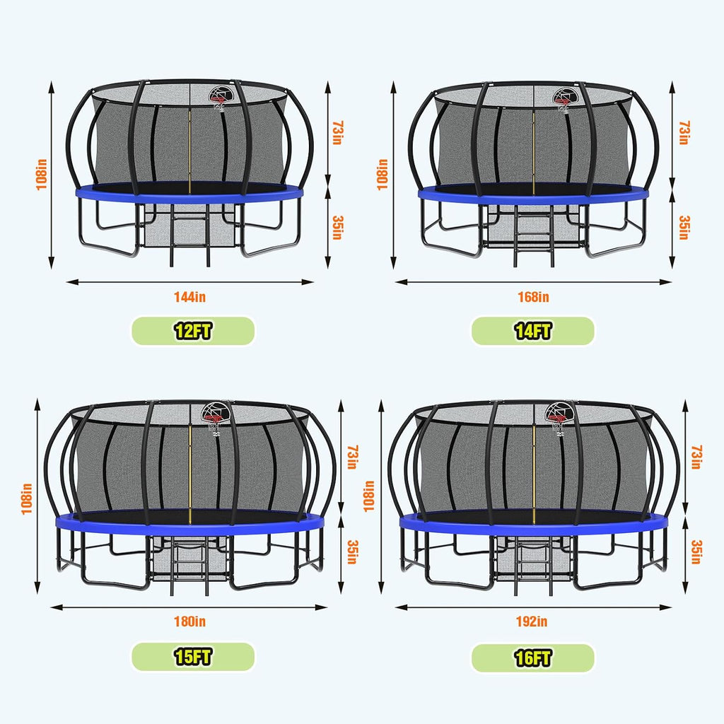 Lyromix 12 14 15 16FT Outdoor Trampolines for Kids and Adults, Pumpkin Trampolin with Curved Poles, Recreational Trampolin with Basketball Hoop and Safety Enclosure Net for Kids and Adults