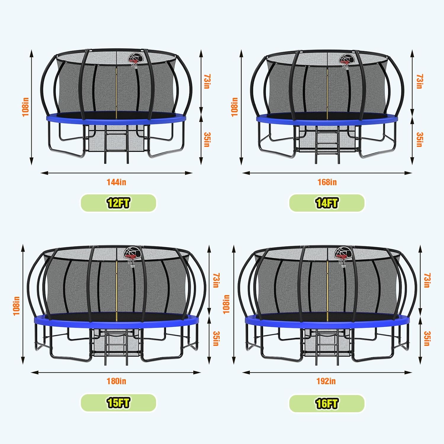 Lyromix 12 14 15 16FT Outdoor Trampolines for Kids and Adults, Pumpkin Trampolin with Curved Poles, Recreational Trampolin with Basketball Hoop and Safety Enclosure Net for Kids and Adults