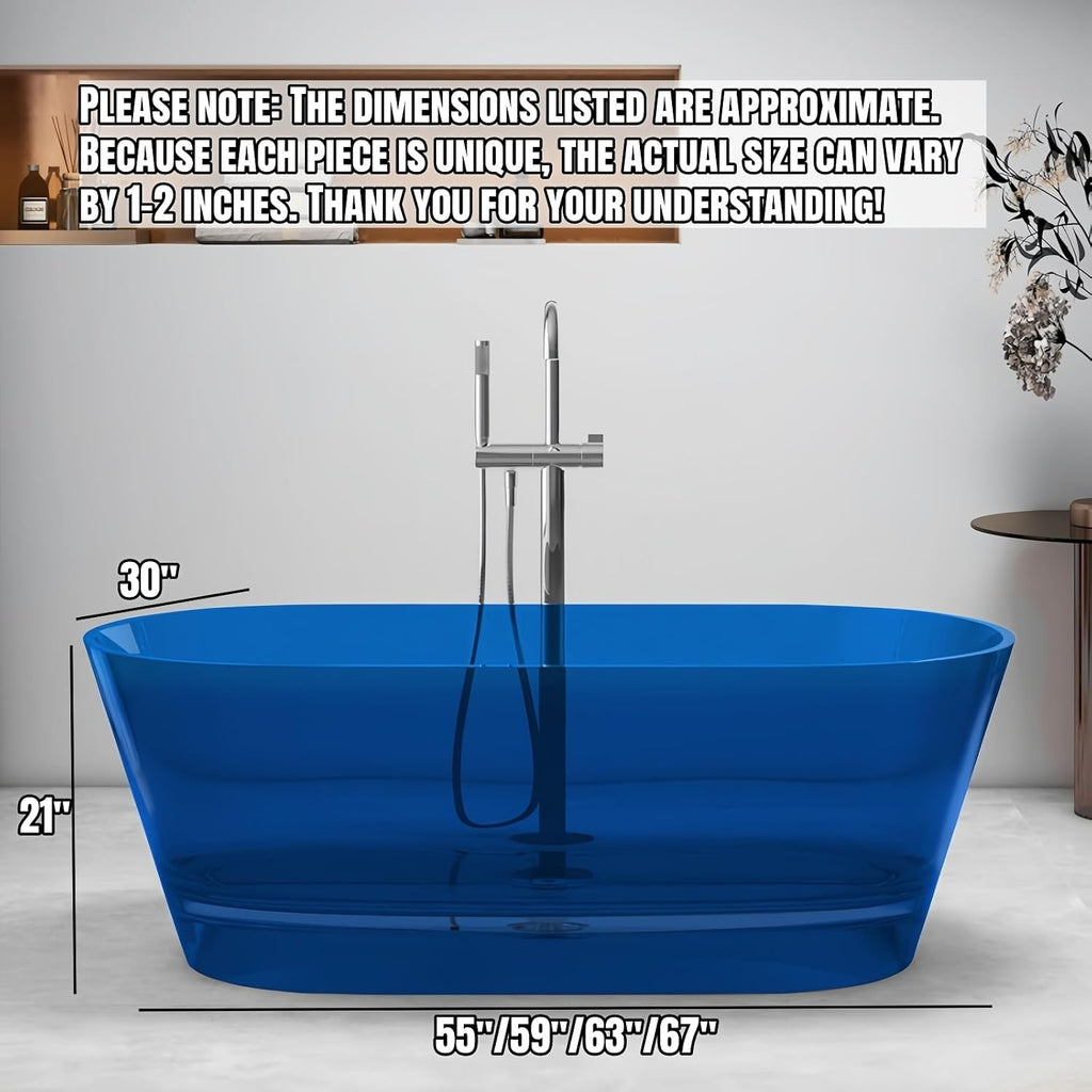 67' Edeyeu Freestanding Bathtub - Luxury Natural Resin Solid Surface Bathtub, Extra Deep Soaking Tub With Artistic Translucent Design, High-End Stand Alone Free Standing Tub Blue C