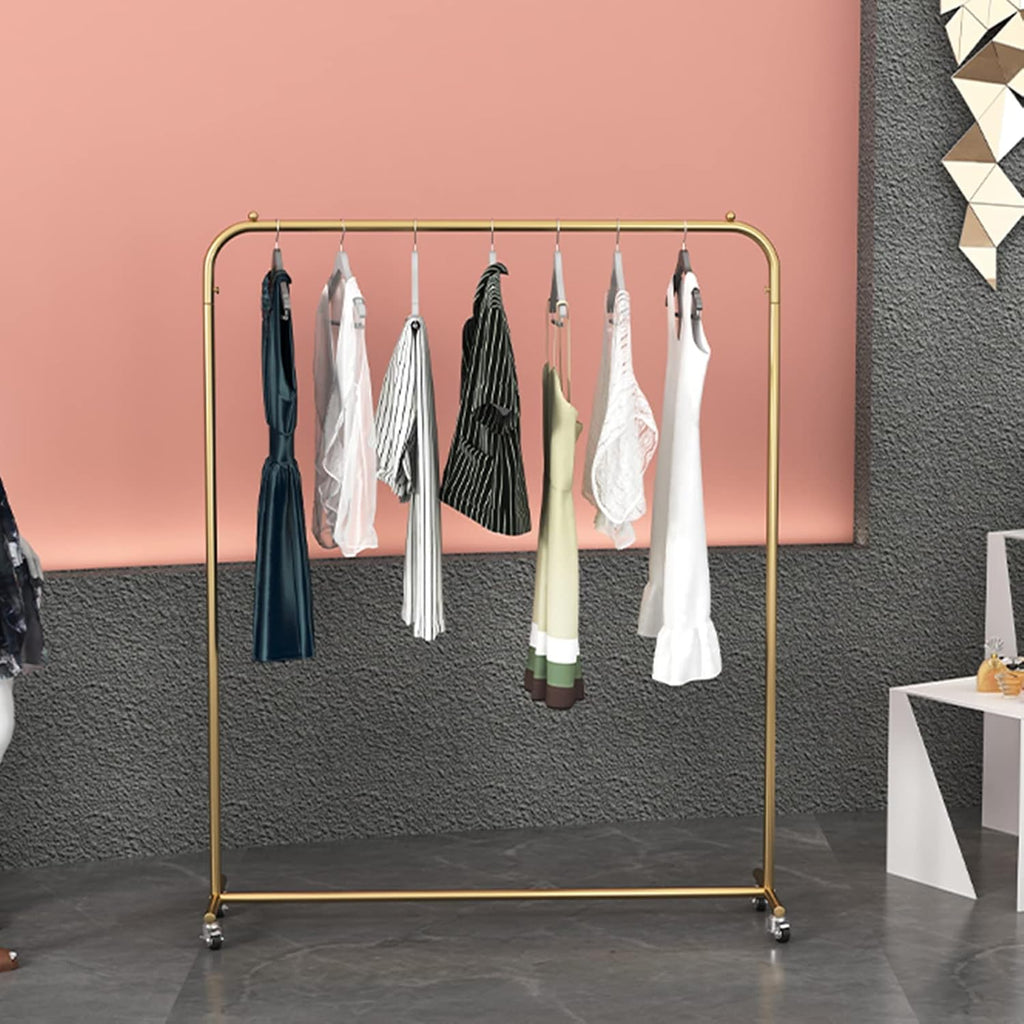 Heavy Duty Coat Rack, Garment Rack Nordic Wrought Iron Clothes Rail On Wheels Clothing Store Display Rack Heavy Duty Metal Clothing Rack for Hanging Clothes Bedroom Single Rail Coat Rack, Gold (150X