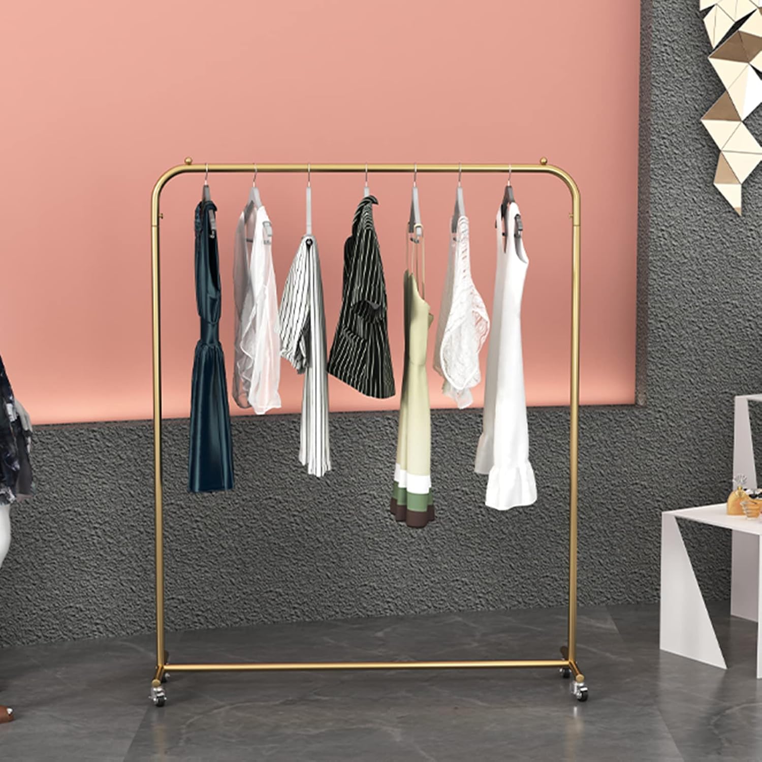 Heavy Duty Coat Rack, Garment Rack Nordic Wrought Iron Clothes Rail On Wheels Clothing Store Display Rack Heavy Duty Metal Clothing Rack for Hanging Clothes Bedroom Single Rail Coat Rack, Gold (150X