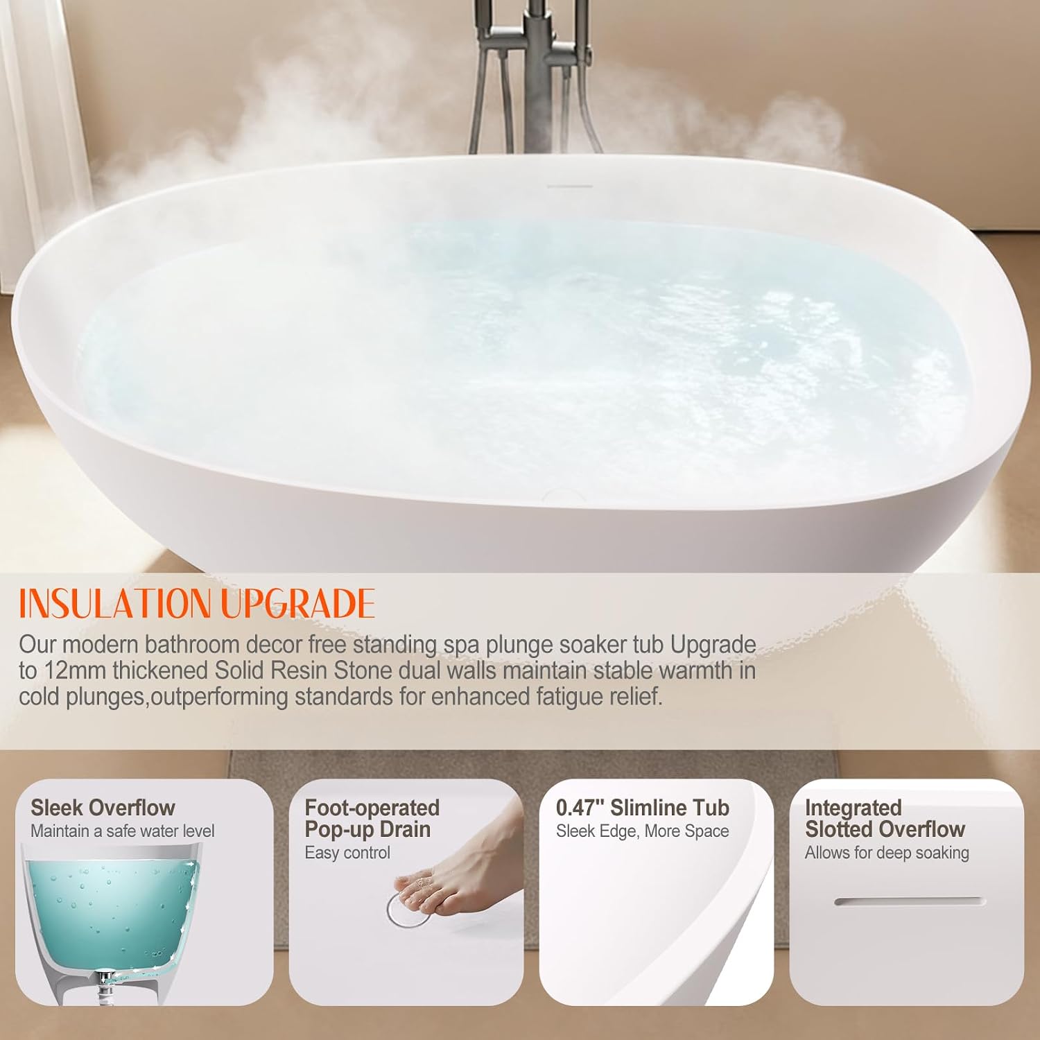 Stone Resin Freestanding Bathtubs,67'Solid Surface Matte White Contemporary Luxury Free Standing Oval Soaking Tub,Egg Shell Bathroom decor Bath tub with Drain & Integrated Slotted Overflow