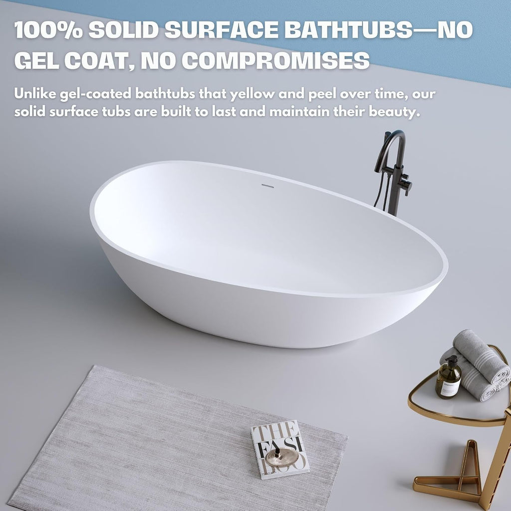 H2O Oval 59 in. x 30.7 in. Solid Surface Stone Resin Freestanding Bathtub, 14 in. Soaking Depth, Ergonomic Backrest, Matte White, Center Drain with Overflow, Durable, Easy to Clean