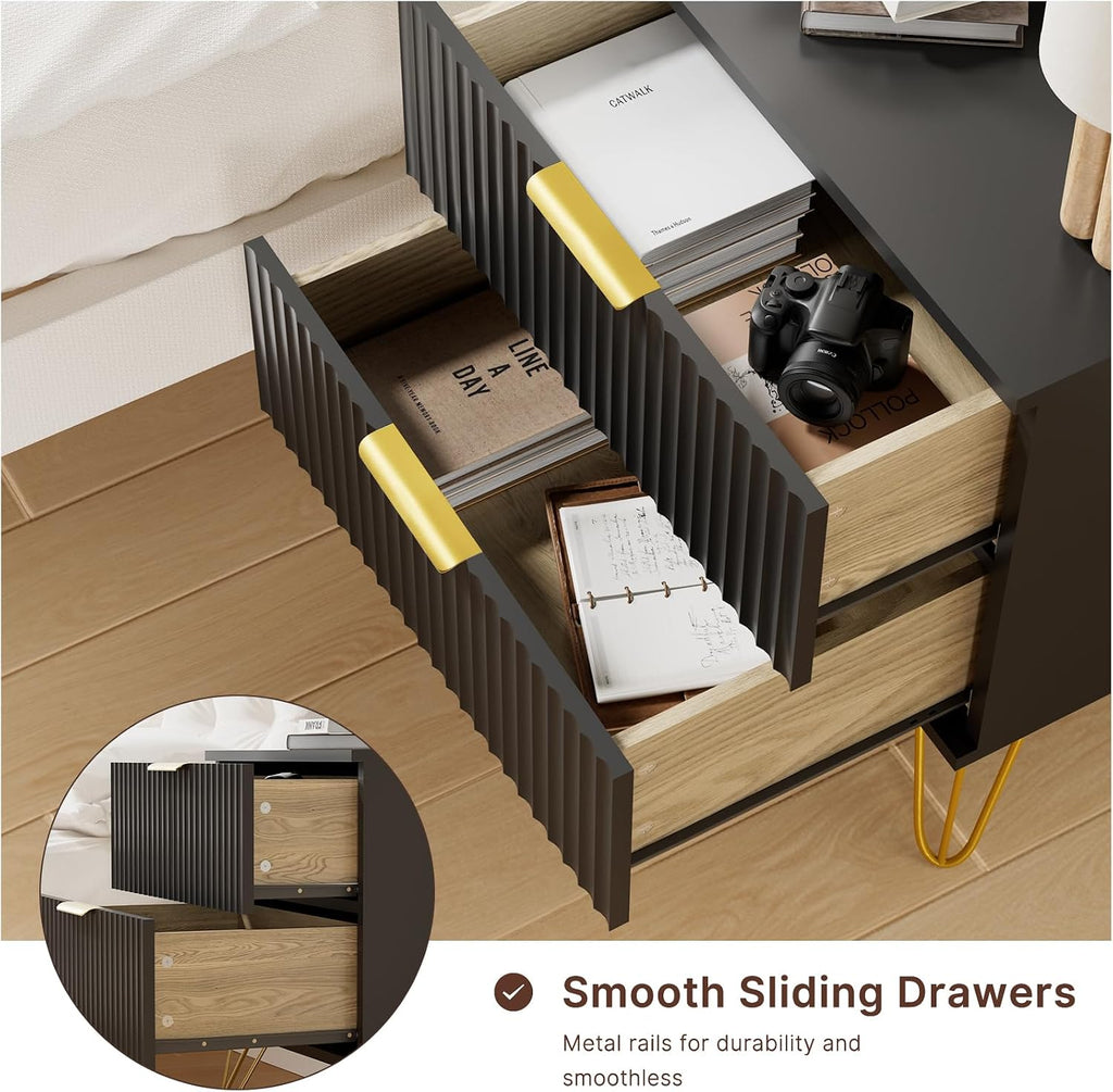 Set of 2 Black Nightstand, Modern Night Stand Bedside Table with 2 Storage Drawer, Bed Side End Table with Golden Handles and Legs for Bedroom, Black