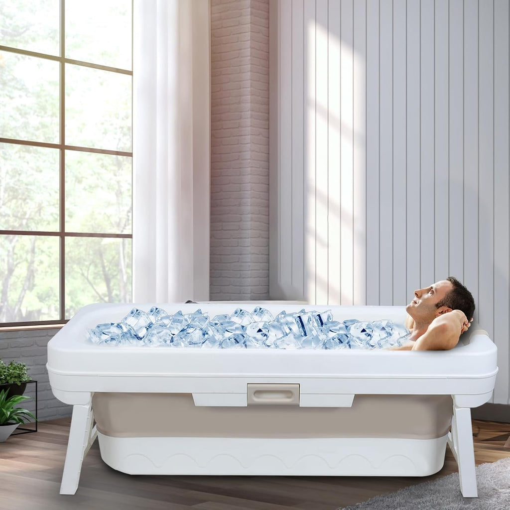 59' Portable Bathtub, Freestanding Surround Collapsible Bathtub, Foldable Free Standing Tub, Shower Stall Tub for Family Sweat Steaming, Hot Bath, Ice Bath Beige