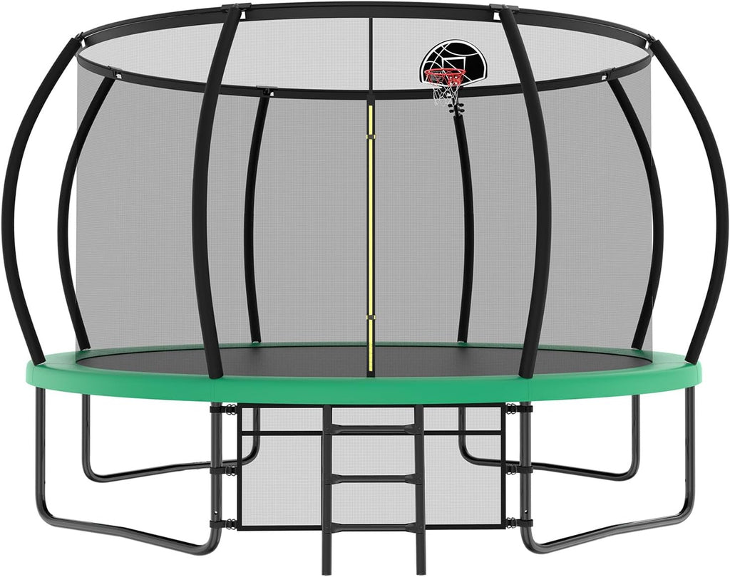 Lyromix 12 14 15 16FT Outdoor Trampolines for Kids and Adults, Pumpkin Trampolin with Curved Poles, Recreational Trampolin with Basketball Hoop and Safety Enclosure Net for Kids and Adults