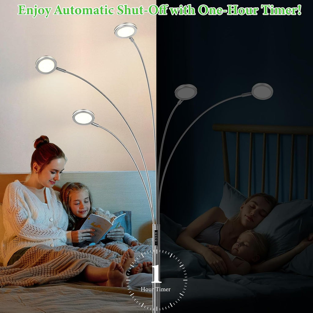 LED Arc Floor Lamp with Remote, 2250LM Dimmable Floor Lamp with Timer, Adjustable Colors, Brightness & 5 Adjustable Arms, Multi-Head Tall Standing Lamp for Living Room Bedroom Office, Satin Nickel