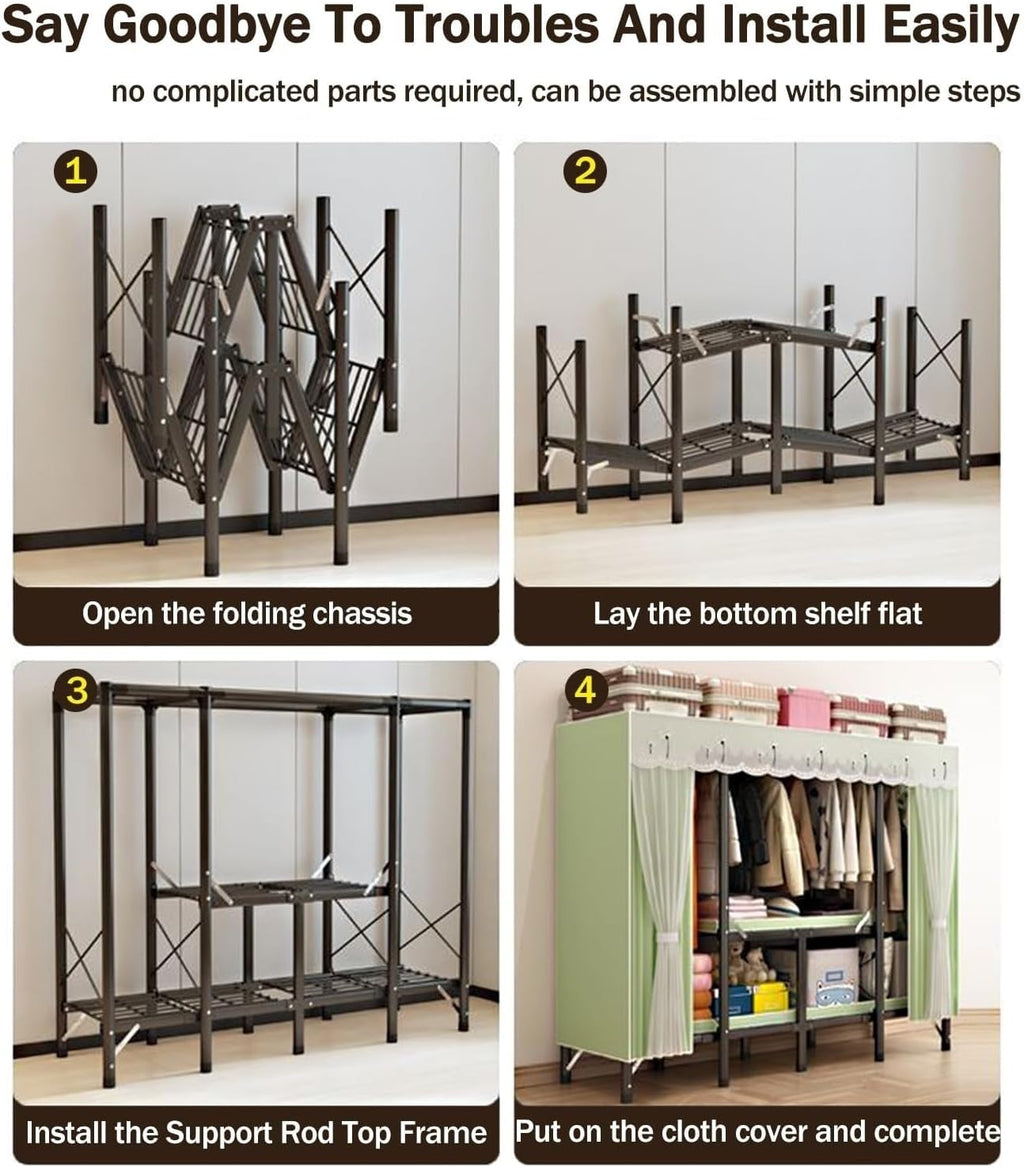 Large Capacity Portable Foldable Cloth Rack With Cover - Bedroom Heavy-duty Closet Rack, 2000 Lbs Capacity Wardrobe Clothing Storage Rack Display Rack/Freestanding Clothing Coat Storage Rack(Color:E,S