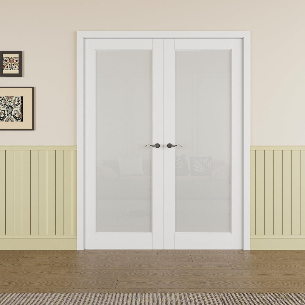 Prehung French Door 68' x 80' (2x34 in), Tempered Frosted Glass Door Slabs with Jamb, Black Hinges, 4 Levers & Latch, Solid Core Interior Door, Pre-Finished & Paintable, MDF Double Doors Interior