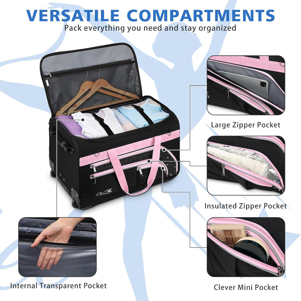 Dance Bag with Garment Rack, 23' Rolling Dance Suitcase Competition Duffle Bag with Garment Rack & Wheels | Versatile Compartments, Upgraded Stable System for Dance Shows, Travel, Cheer, Recital