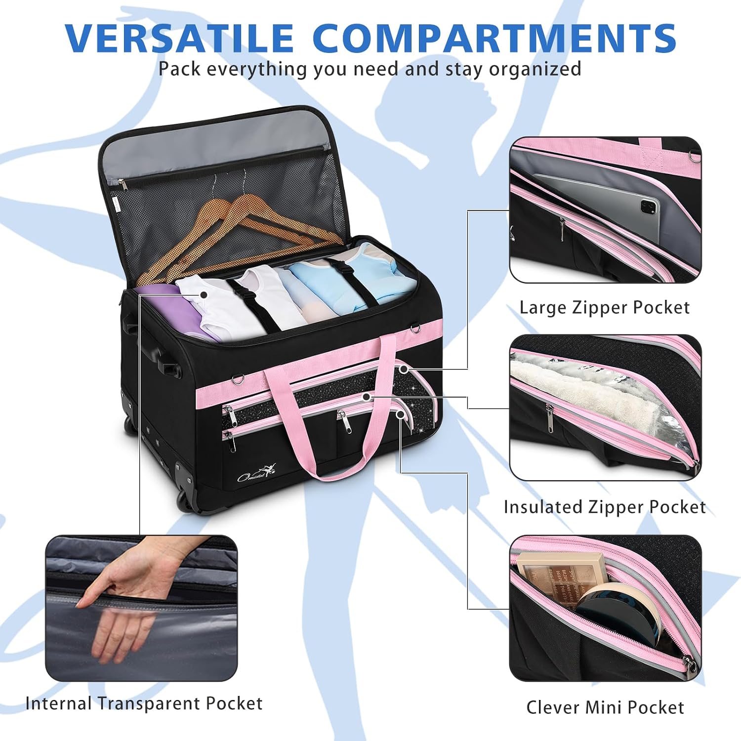 Dance Bag with Garment Rack, 23' Rolling Dance Suitcase Competition Duffle Bag with Garment Rack & Wheels | Versatile Compartments, Upgraded Stable System for Dance Shows, Travel, Cheer, Recital