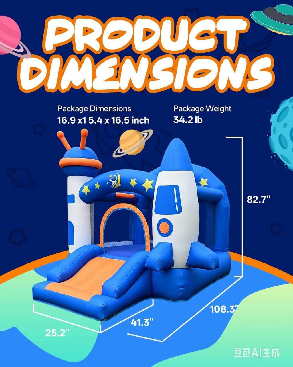 Bounce House, Kid Inflatable Bounce House with Slide, Space Rocket Themed Bouncy Castle for Kids 3-6, 370W for Indoor & Outdoor Play, Backyard Birthday Party with Basketball Hoop