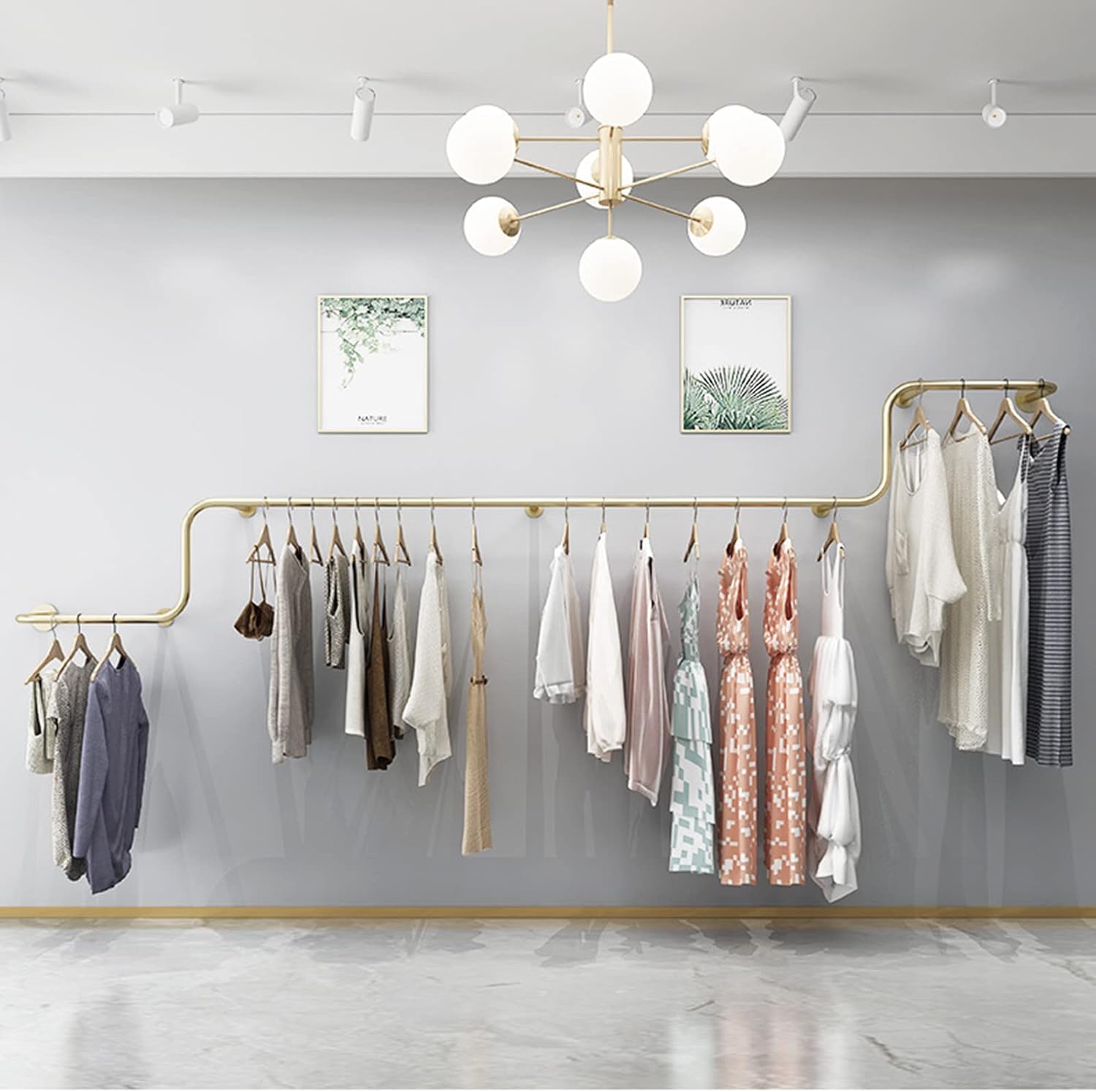 Gold Metal Garment Bracket Frame Wall Mounted Retail Clothing Rack - Heavy Duty Multi-Purpose Hanging Rod for Closet Storage, Modern Simple Display Rack for Commercial Clothes Racks