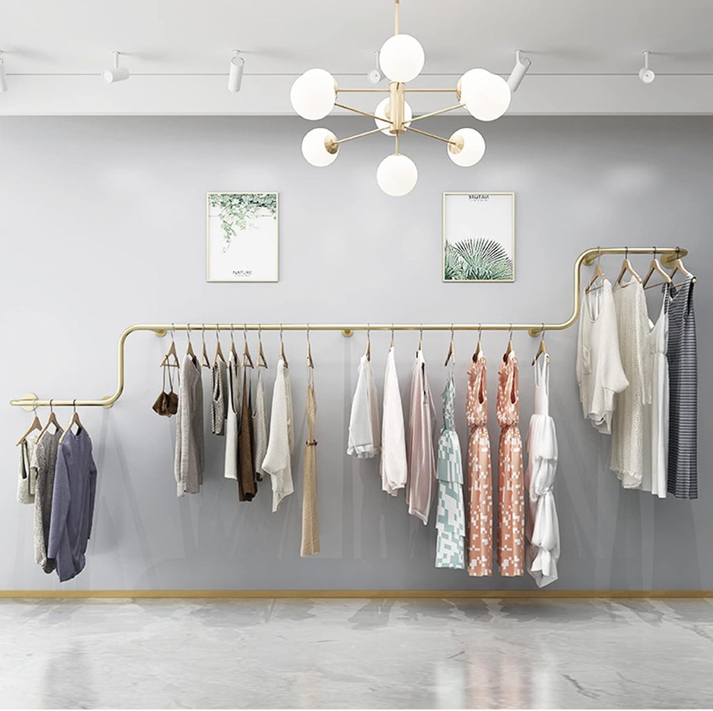 Gold Metal Garment Bracket Frame Wall Mounted Retail Clothing Rack - Heavy Duty Multi-Purpose Hanging Rod for Closet Storage, Modern Simple Display Rack for Commercial Clothes Racks