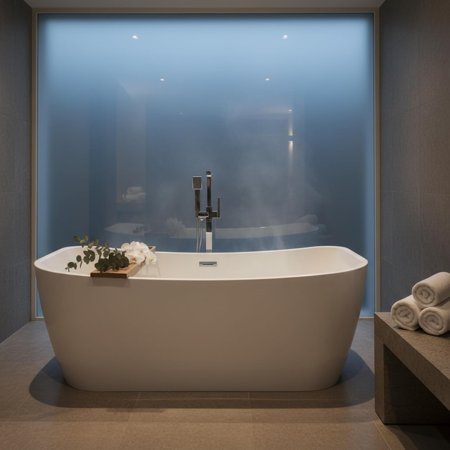 Arles 67' Freestanding Acrylic Bathtub with Chrome Drain, Glossy White Seamless Soaking Tub, Fiberglass Reinforced with Leveling Legs, 68 Gal Capacity