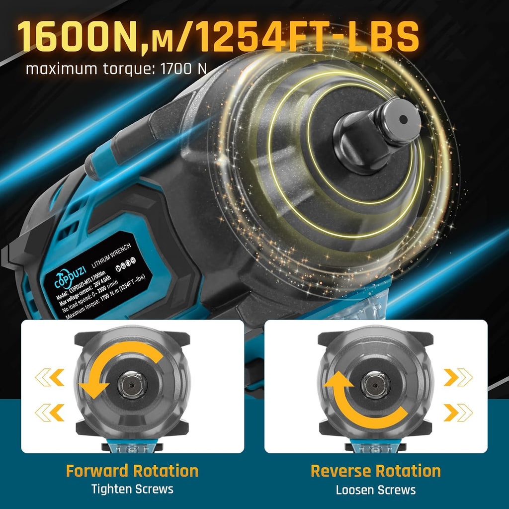 1700Nm 1/2' Cordless Impact Wrench, 1253 Ft-lbs Brushless Impact Gun, 20V High Torque Impact Driver with 2 x 4.0Ah Batteries 6 Sockets & Case, Pistola De Impacto for Home Car Tire Heavy Truck