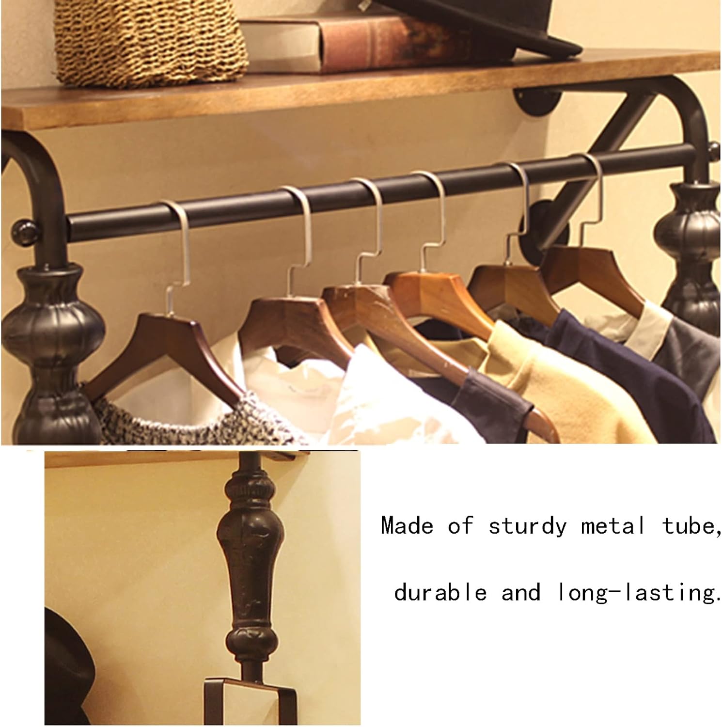 Wall Mounted Garment Rack,Floating Industrial Pipe Garment Rack,Clothes Hanger,Retail Display Garment Rack with Wooden Shelf,Sturdy Organizer,Sturdy Multifu(1-tier-100CM