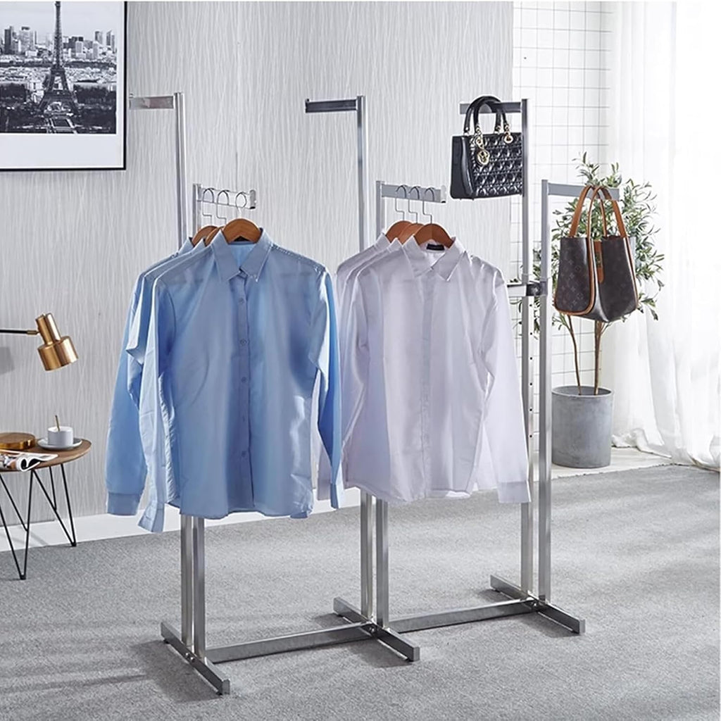 Floor Standing Metal Garment Rack, Heavy Duty Adjustable Lifting Clothes Shelves, Retail Display Hanging Rack with Wheels 6 Arms Clothing Rack Merchandise Display Rack, Silver